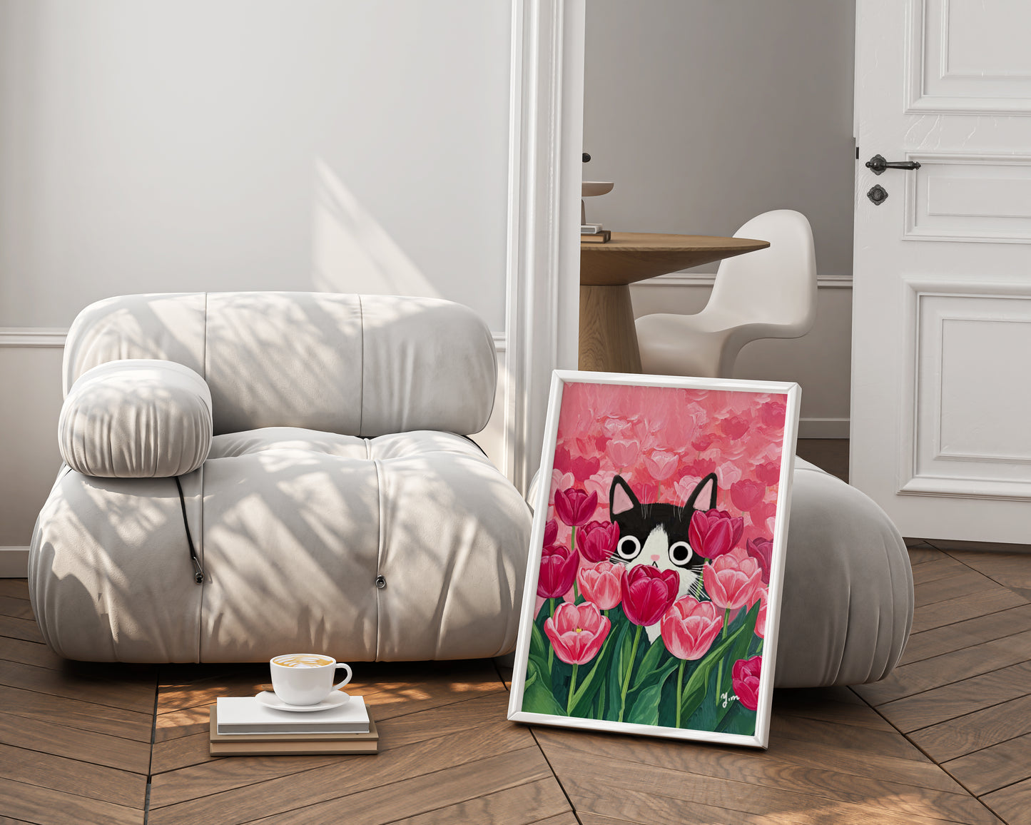 Cat Peeking Through Pink Tulips Art Print Cute Floral Wall Art for Cat Lovers Spring Nature Inspired Home Decor Botanical Animal Poster