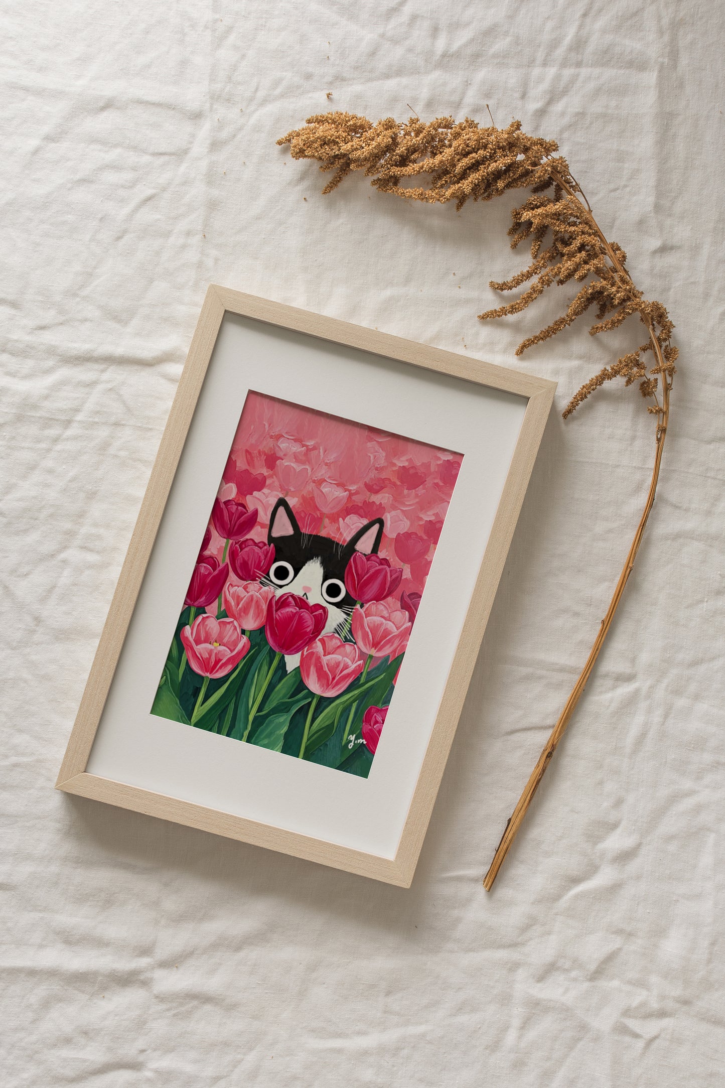 Cat Peeking Through Pink Tulips Art Print Cute Floral Wall Art for Cat Lovers Spring Nature Inspired Home Decor Botanical Animal Poster