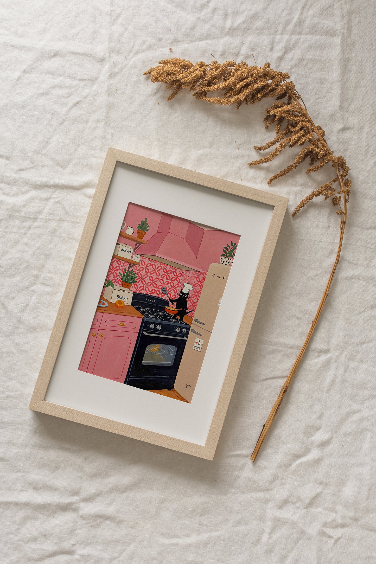Trendy Aesthetic Black Cat Chef in Pink Kitchen – Cute Cooking Wall Art for Cat Lovers & Kitchen Decor Print Cat Lover Gift