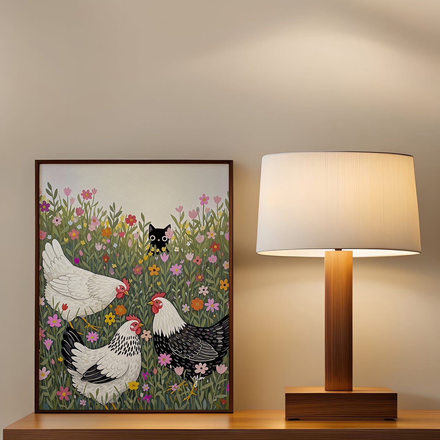 Cute Black Cat Hiding in Flower Field with Chickens – Whimsical Farm Animal Art by YunaMoona