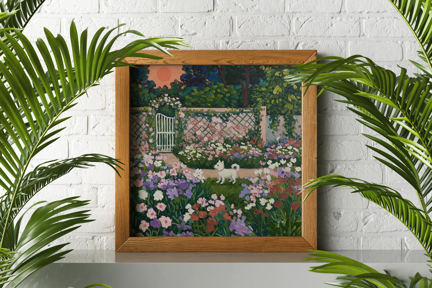 White Dog in a Secret Garden – Whimsical Floral Landscape Art Print Poster