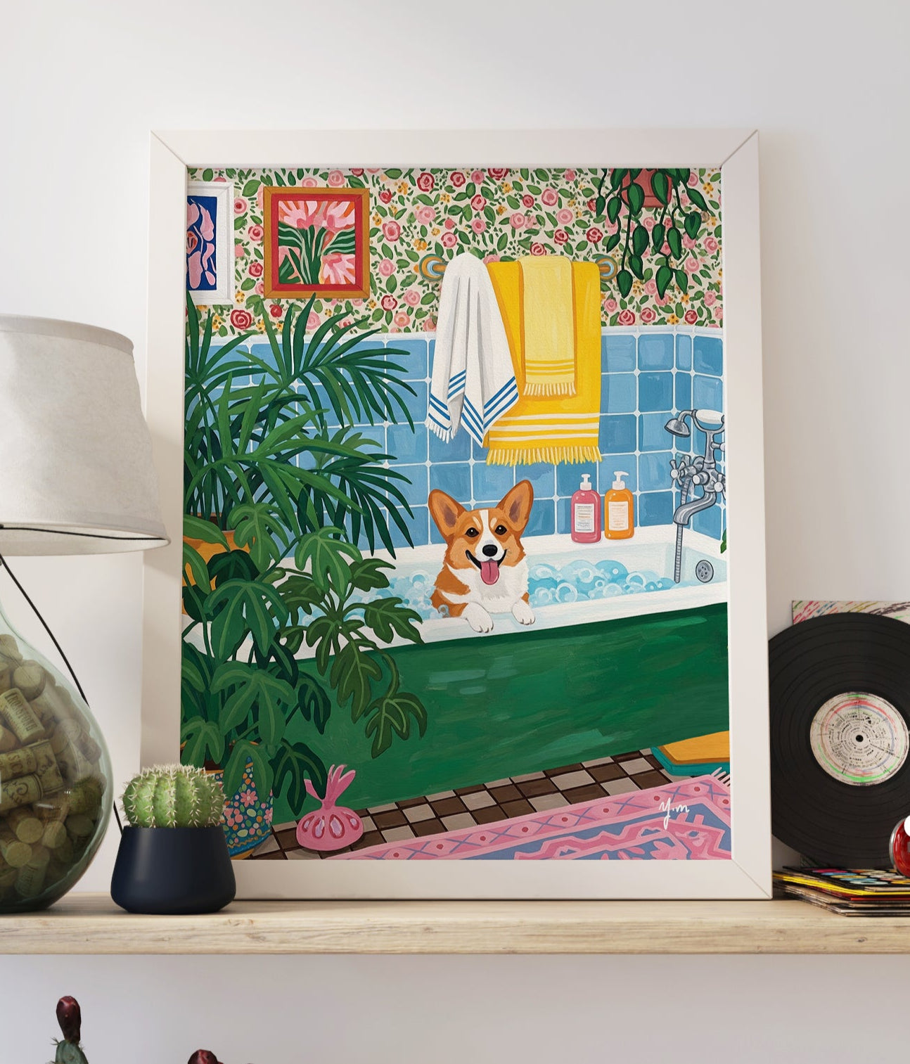 Cute Goldendoodle dog enjoying a bubble bath in a vintage green bathtub with pink tiles and houseplants around, joyful and cozy bathroom art print.