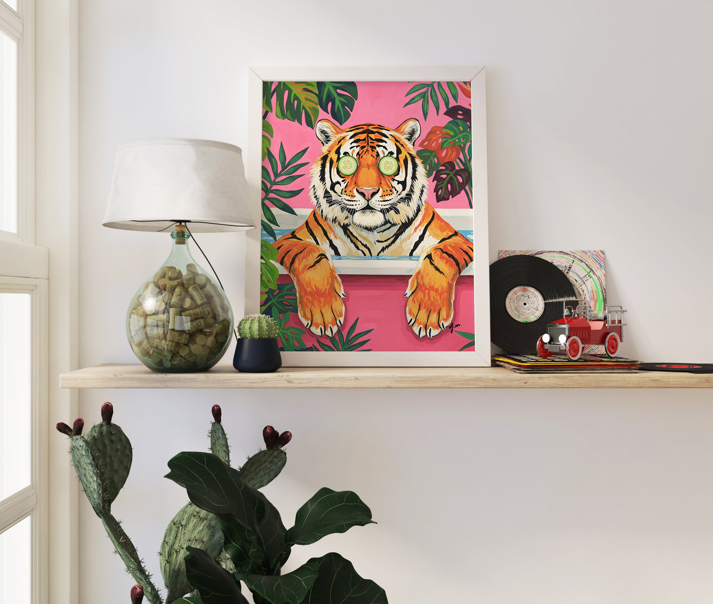 Tropical Tiger Bathtub Print – Maximalist Dopamine Decor for Jungle Bathroom | Fun Animal Wall Art Funny Jungle Animal Print