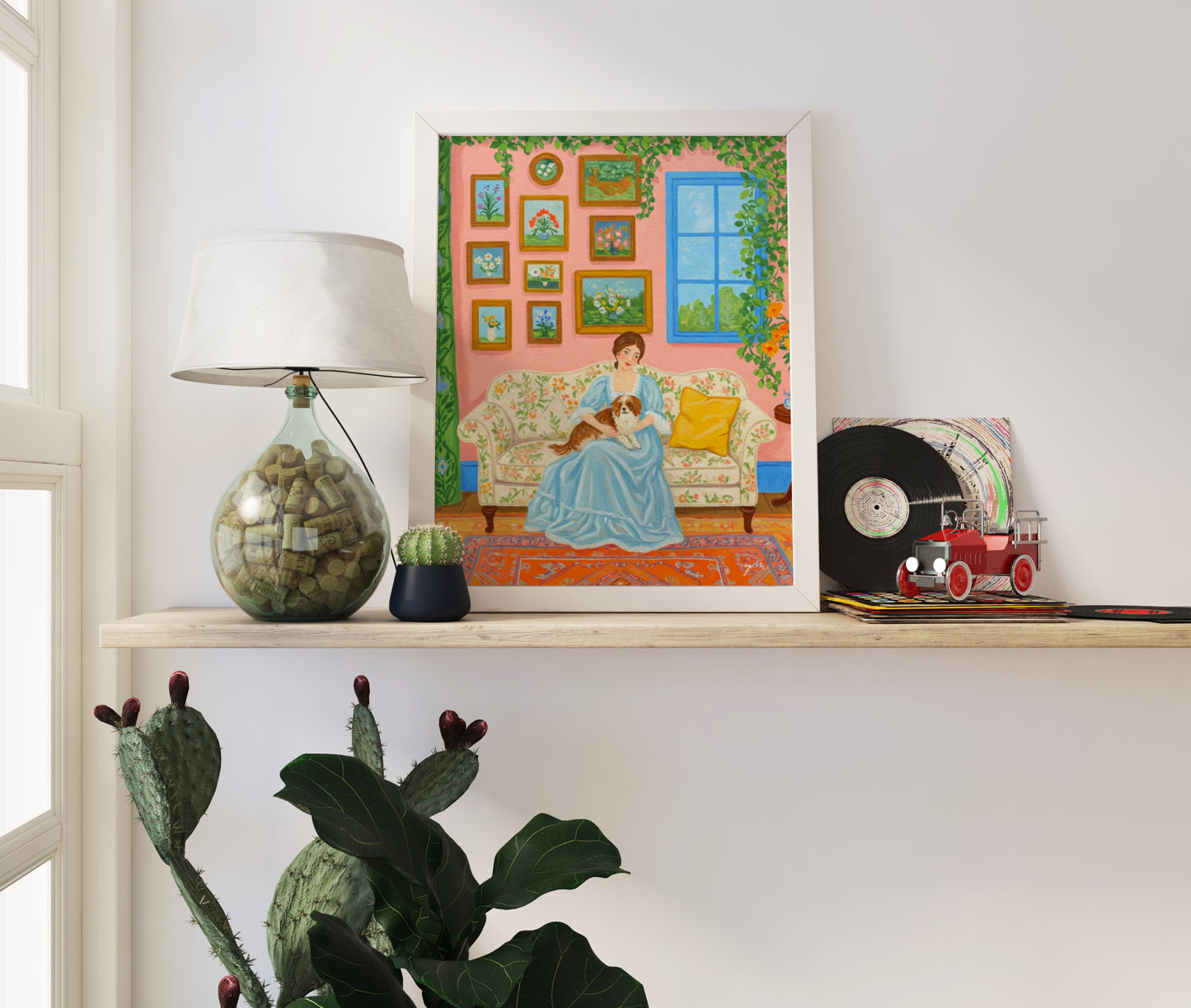 Woman in Blue Lounge Dress Holding Dog on Floral Sofa – Peaceful Colorful Art in Pink Room Interior Poster