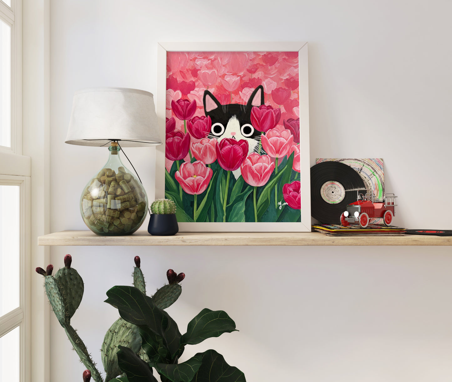 Cat Peeking Through Pink Tulips Art Print Cute Floral Wall Art for Cat Lovers Spring Nature Inspired Home Decor Botanical Animal Poster