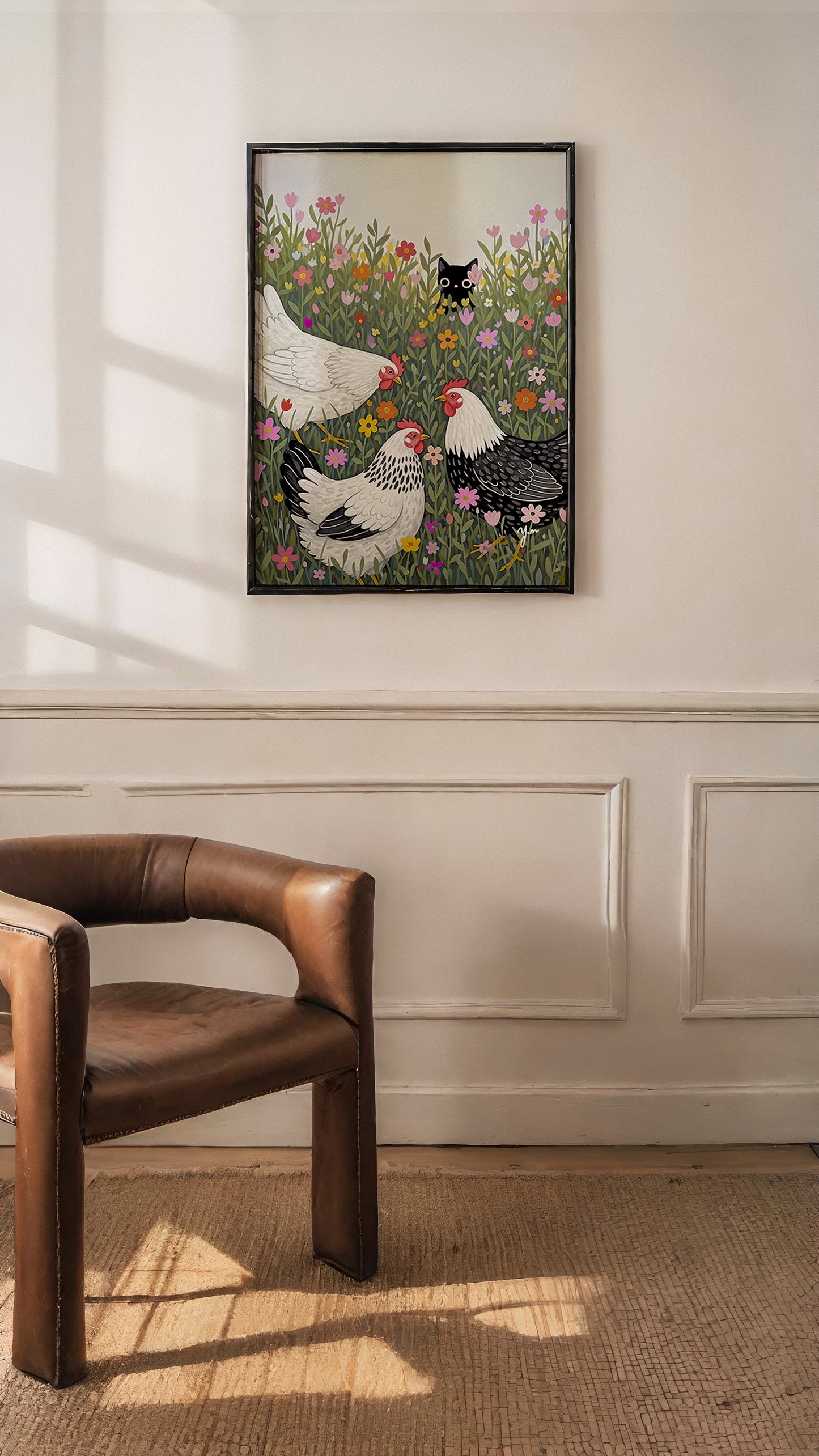 Cute Black Cat Hiding in Flower Field with Chickens – Whimsical Farm Animal Art by YunaMoona