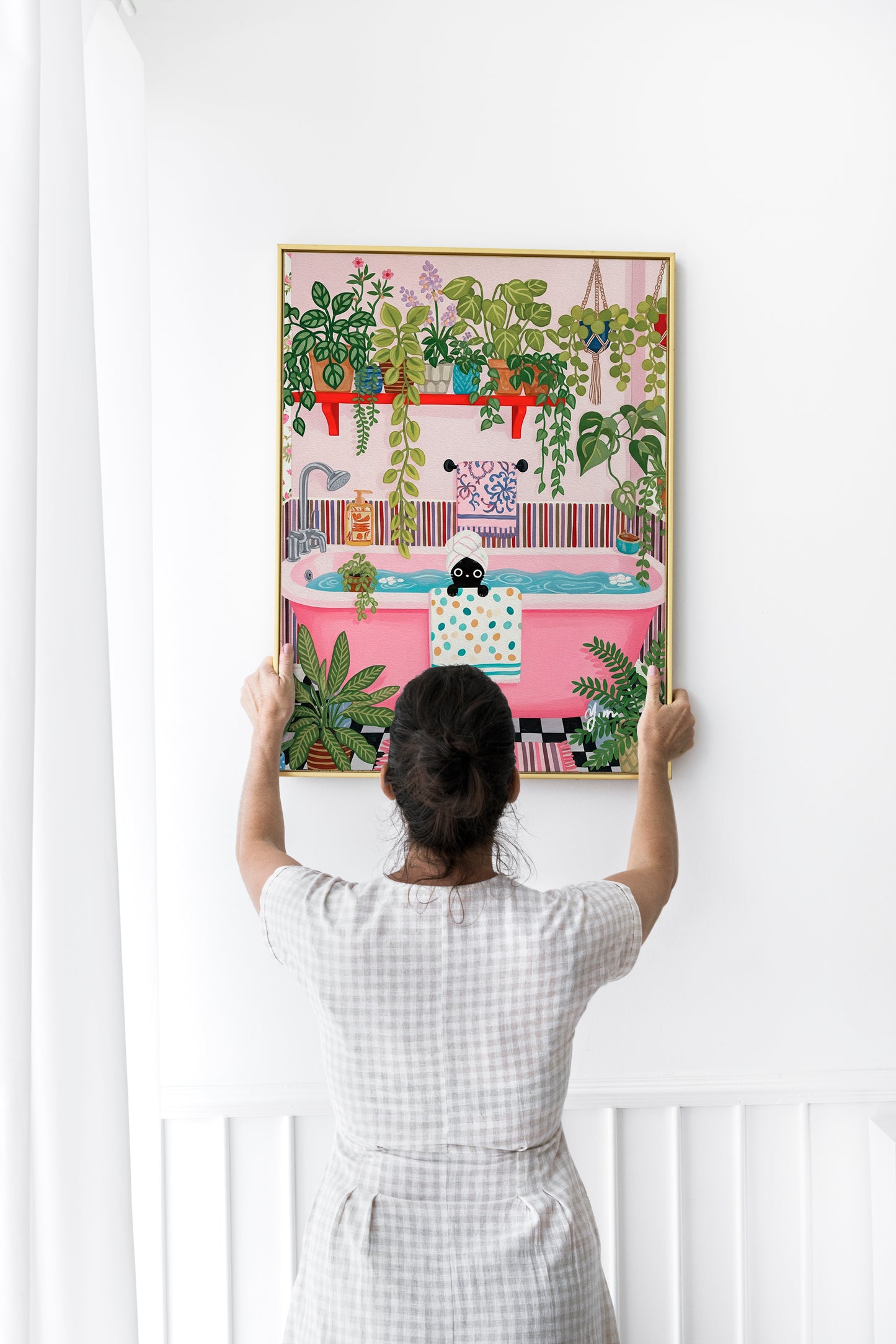 Whimsical Bathroom Illustration with Black Cat in Pink Bathtub and Plants Poster