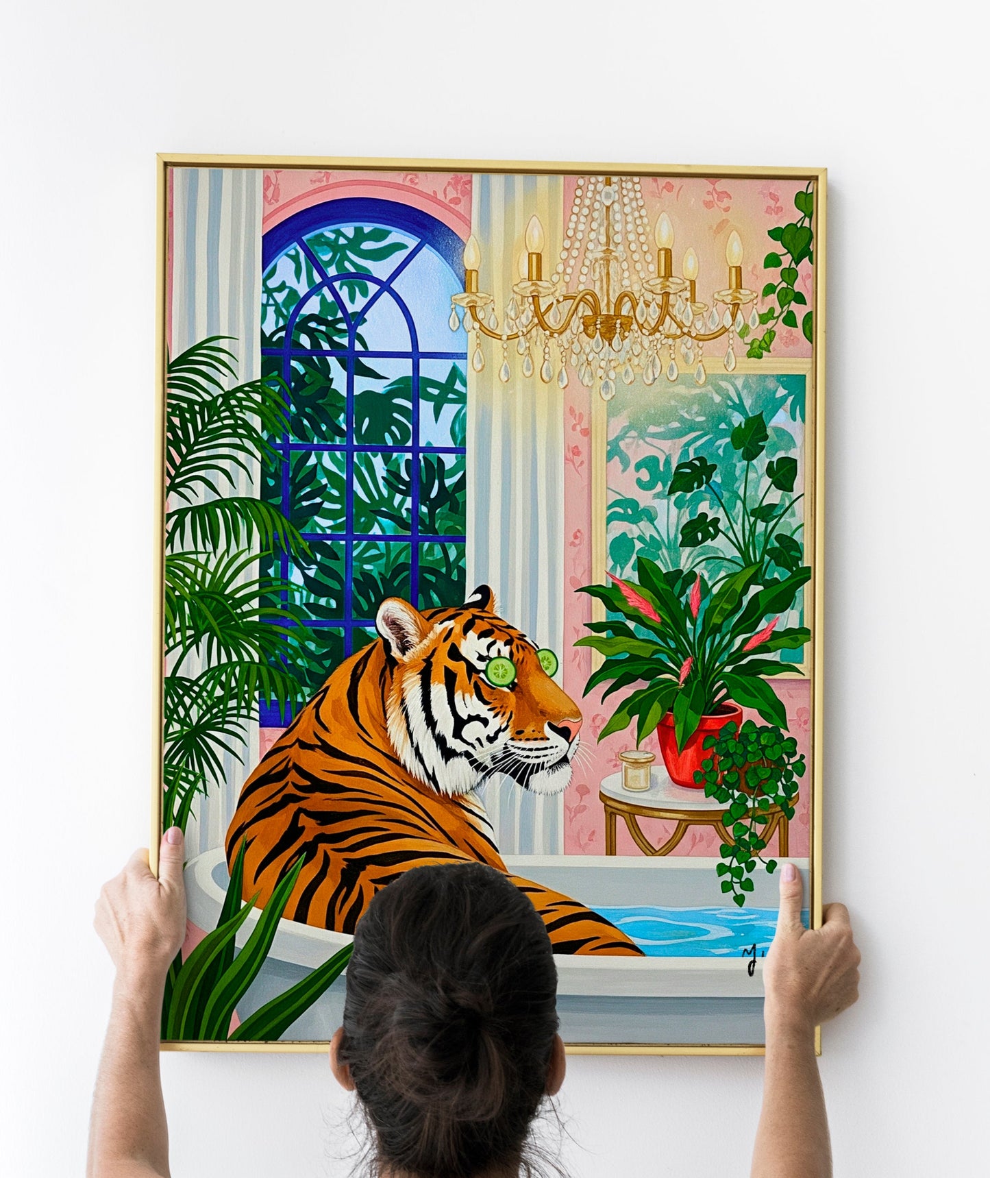 Cute Tiger Bathing Art Print Funny Animal Bathroom Decor Gouache Style Impasto Illustration Unique Wild Animal Portrait Humorous Wall Art Poster