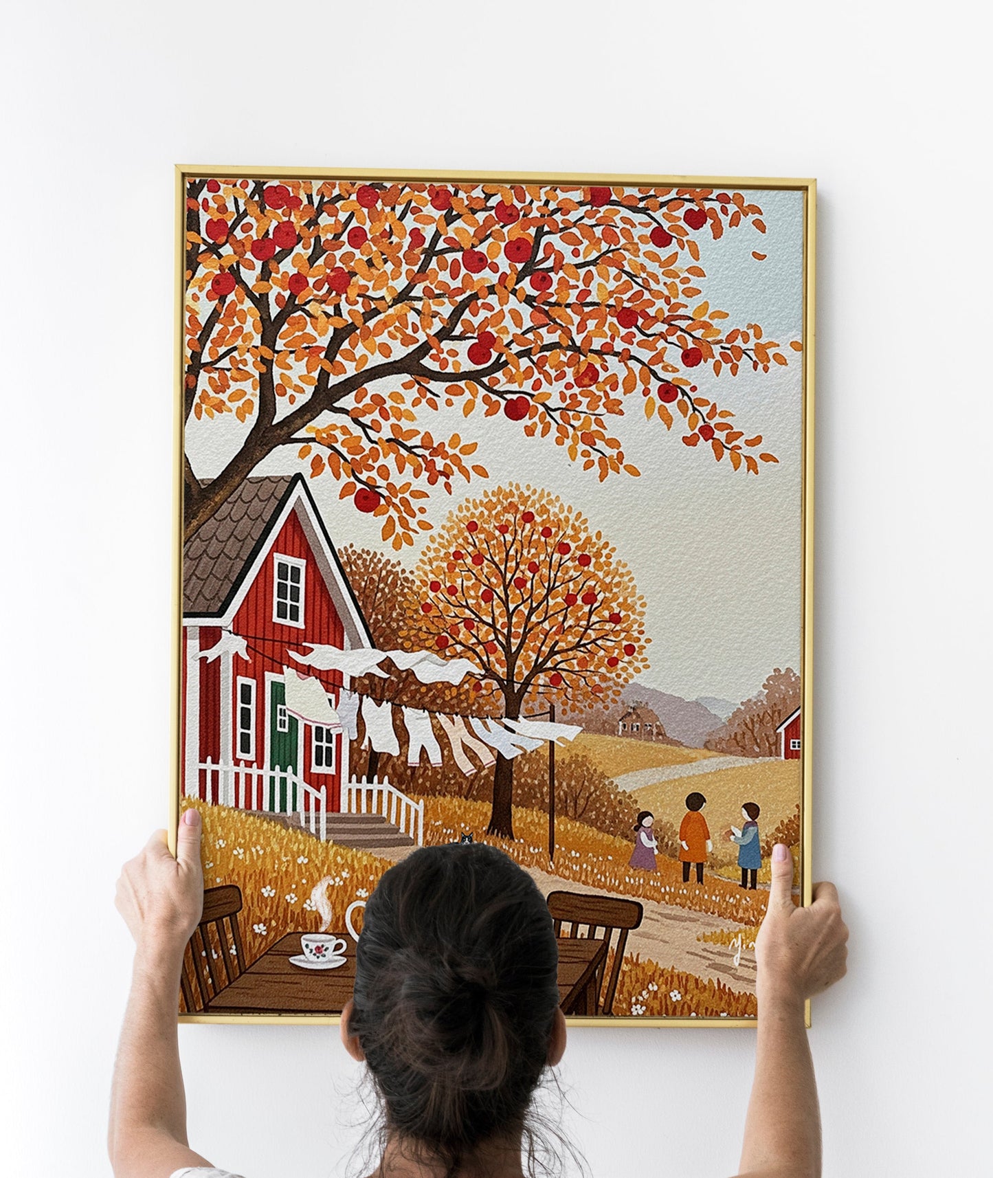 Autumn Countryside Stroll Tuxedo Cat Art Print β Cozy Fall Village Scene with Walking Cat β Rustic Landscape Decor for Cat Lovers