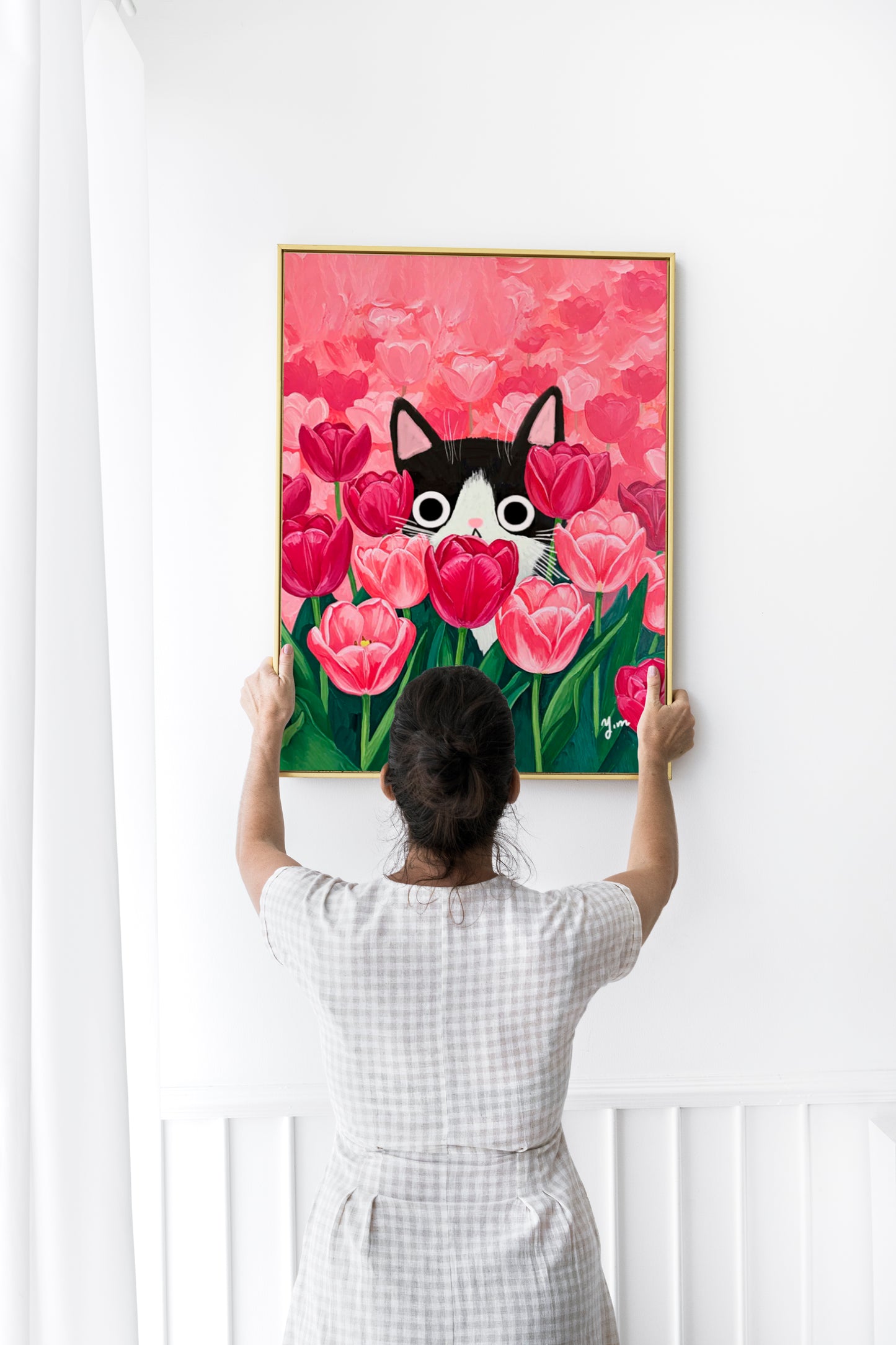 Cat Peeking Through Pink Tulips Art Print Cute Floral Wall Art for Cat Lovers Spring Nature Inspired Home Decor Botanical Animal Poster