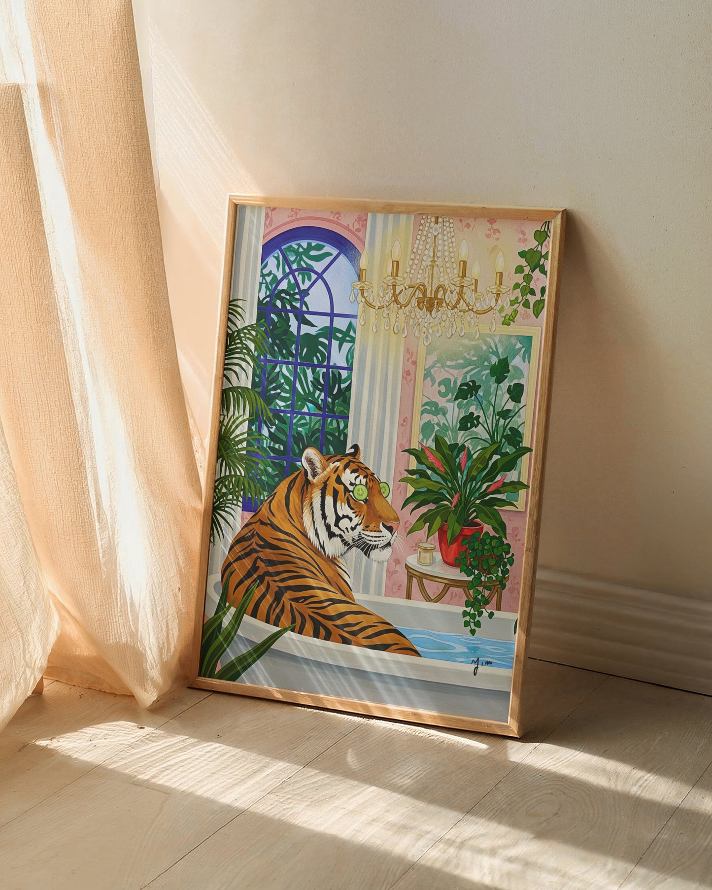 Cute Tiger Bathing Art Print Funny Animal Bathroom Decor Gouache Style Impasto Illustration Unique Wild Animal Portrait Humorous Wall Art Poster