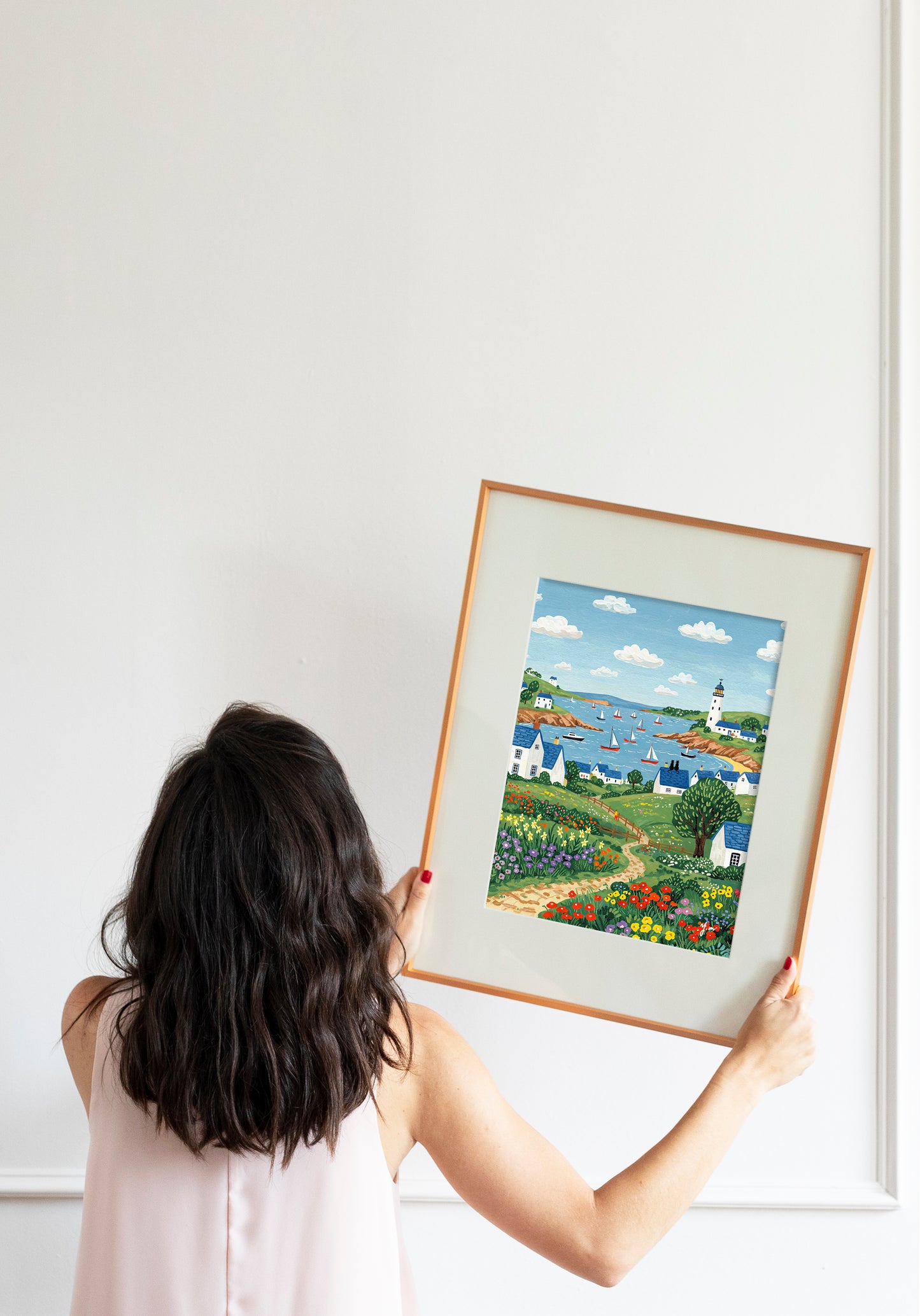 Couple Cat on the Roof Countryside Ocean Landscape Painting Countryside Sea Lighthouse Handdrawn Coastal Wildflower Field Beach Illustration