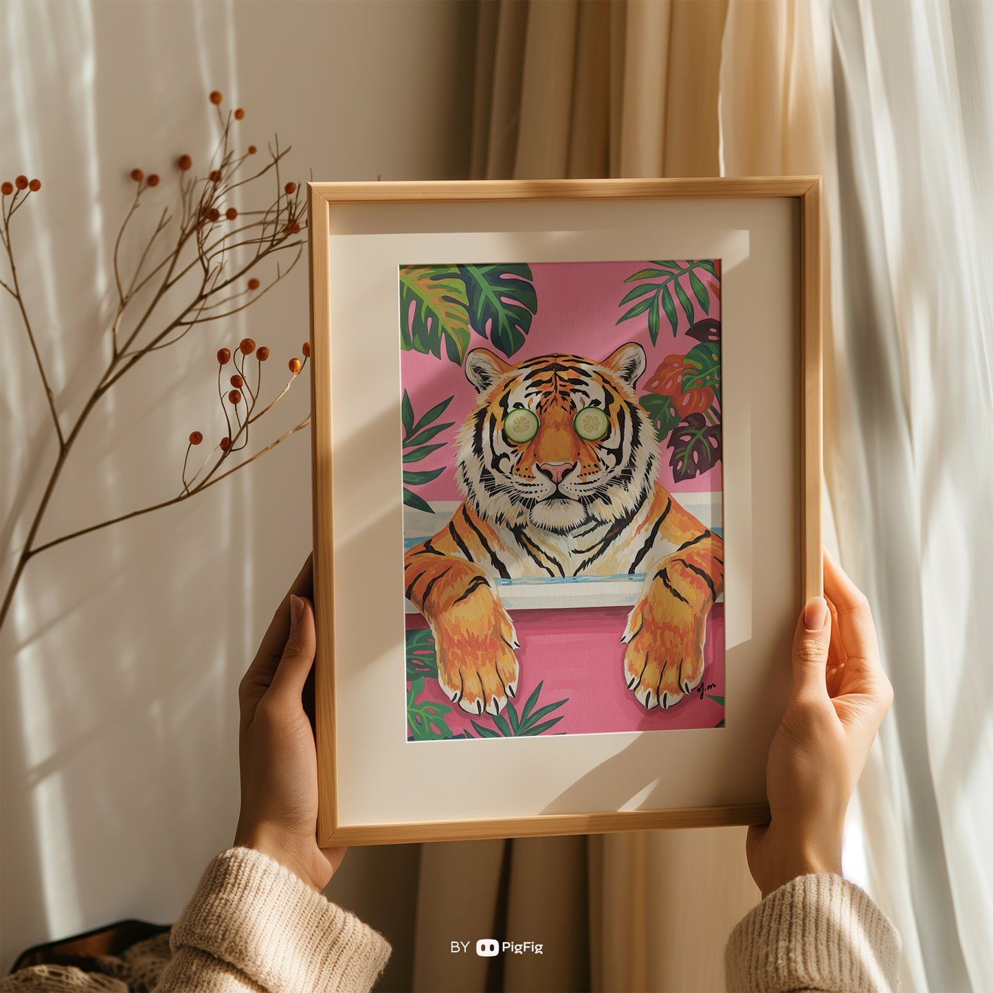 Tropical Tiger Bathtub Print – Maximalist Dopamine Decor for Jungle Bathroom | Fun Animal Wall Art Funny Jungle Animal Print