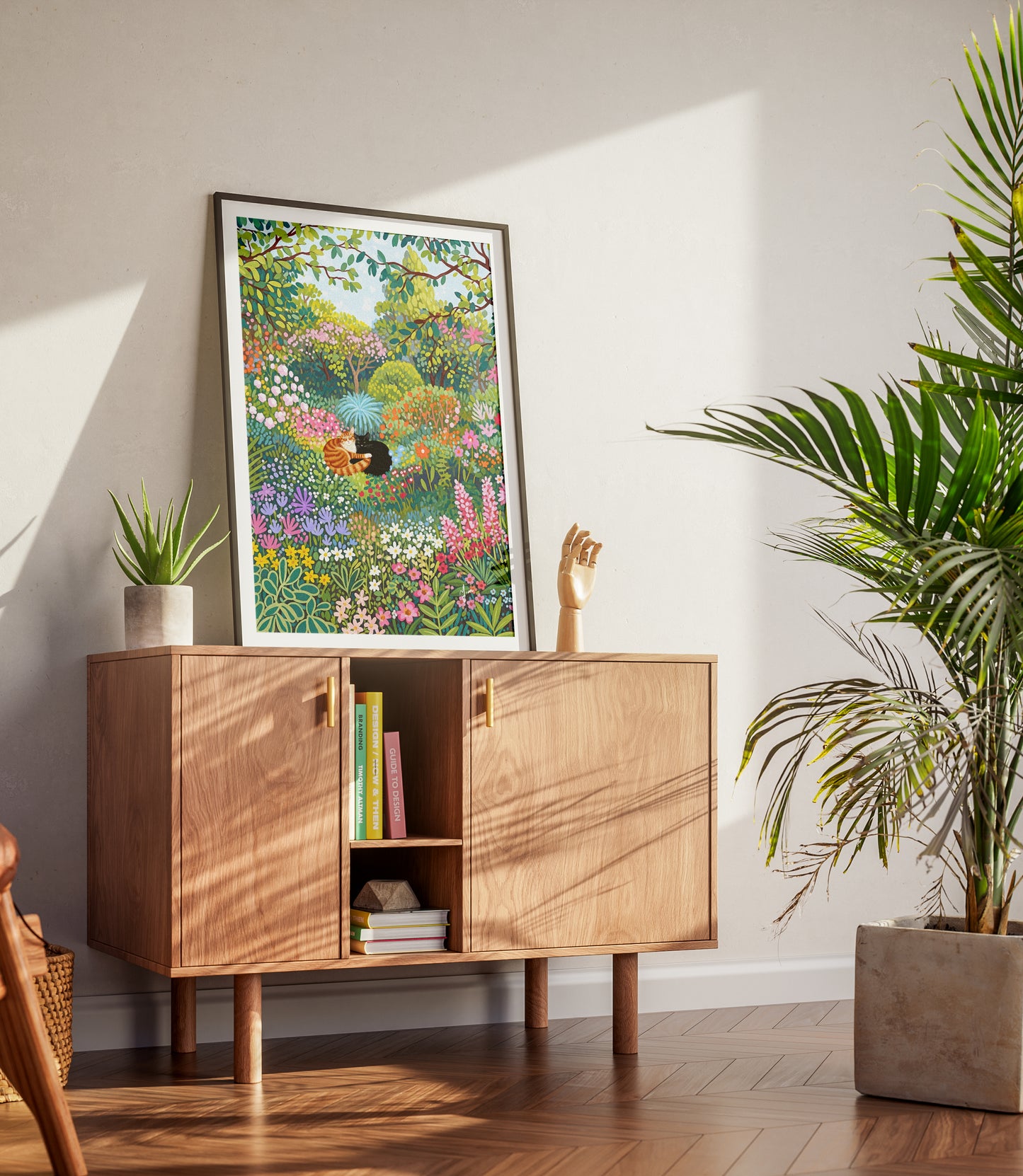Botanical Flower Garden with Couple Cat Print Poster Plant Cat Print living room modern cat poster Vibrant Colorful Floral Art Watercolor Cat