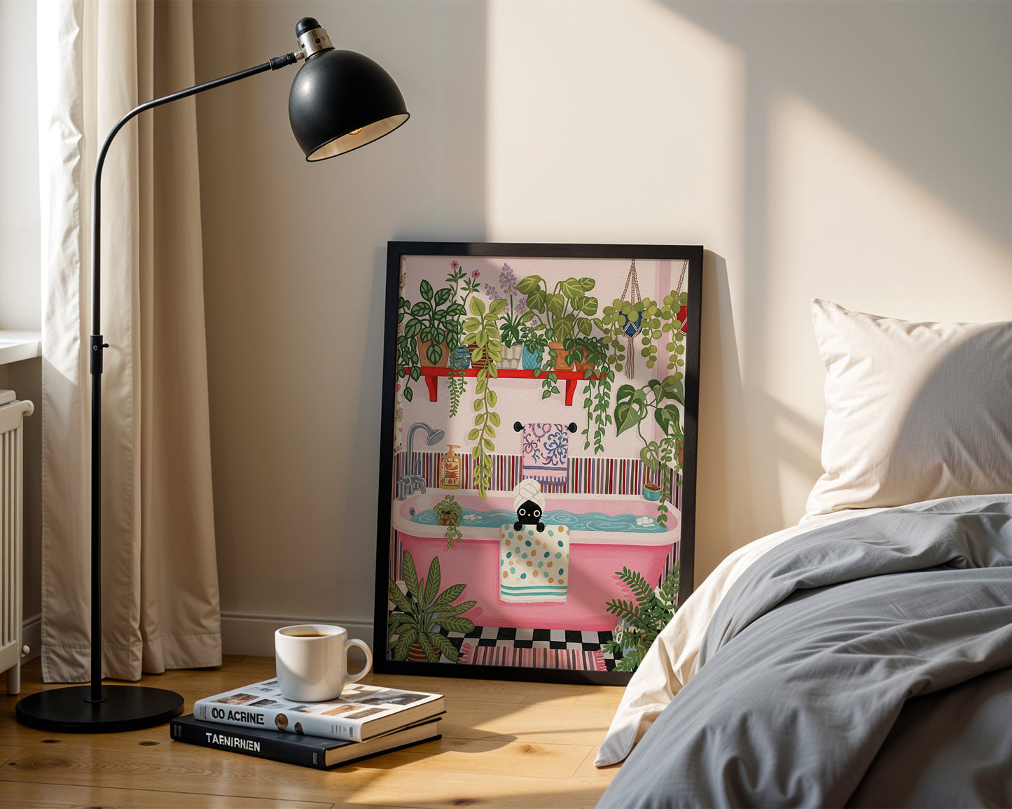 Whimsical Bathroom Illustration with Black Cat in Pink Bathtub and Plants Poster