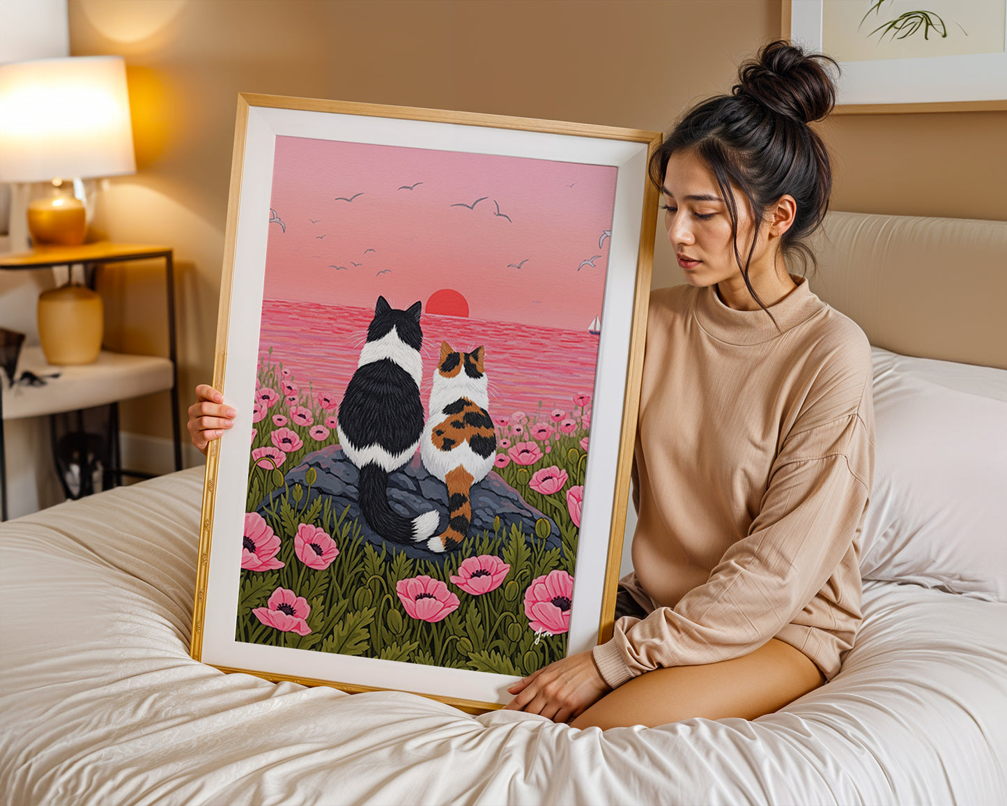 Cats Watching Sunset in Pink Flower Field by YunaMoona Cat Art Wall Decor Poster