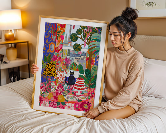 Paris tea party with black cat whimsical cottagecore illustration colorful dessert art by YunaMoona