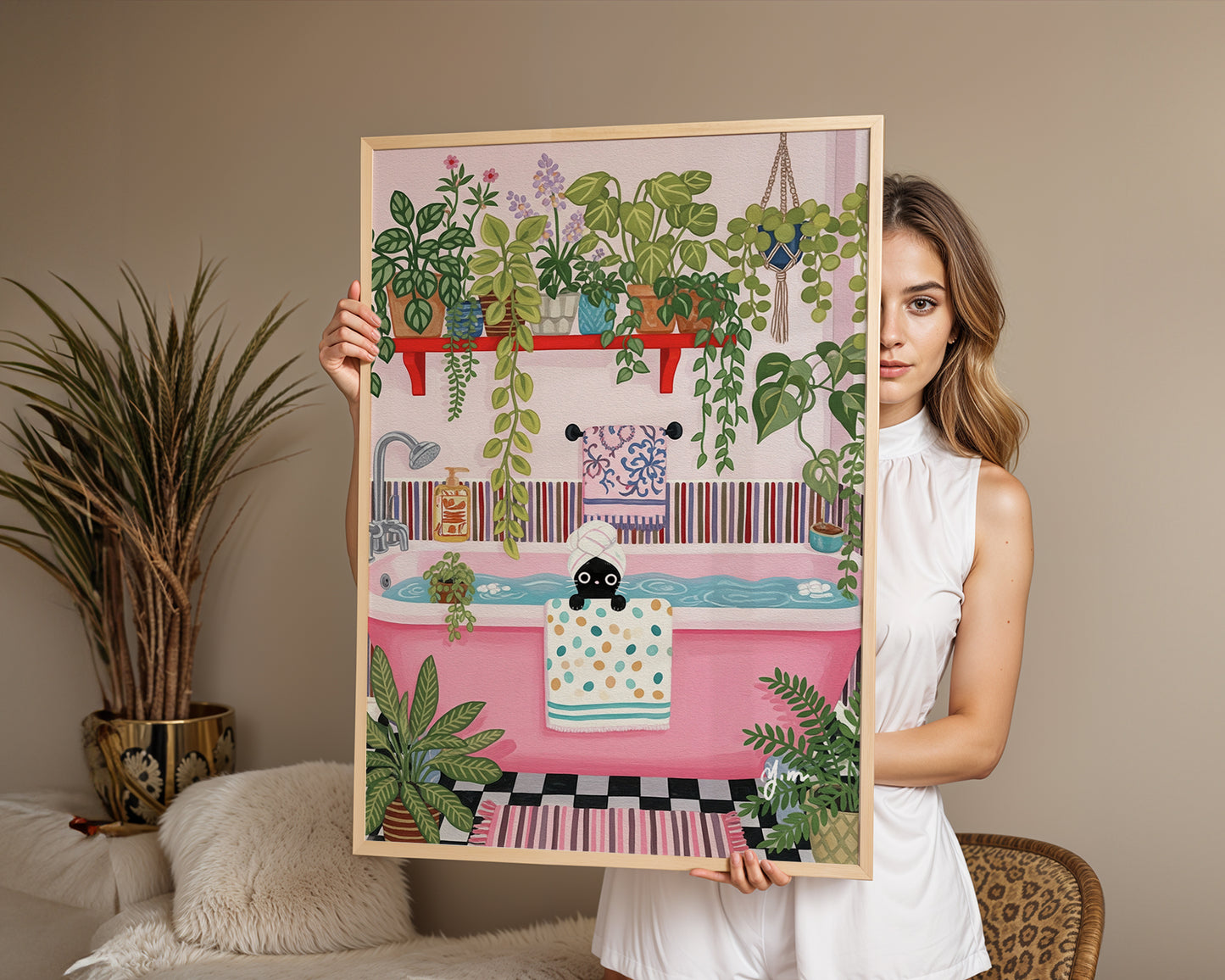 Whimsical Bathroom Illustration with Black Cat in Pink Bathtub and Plants Poster