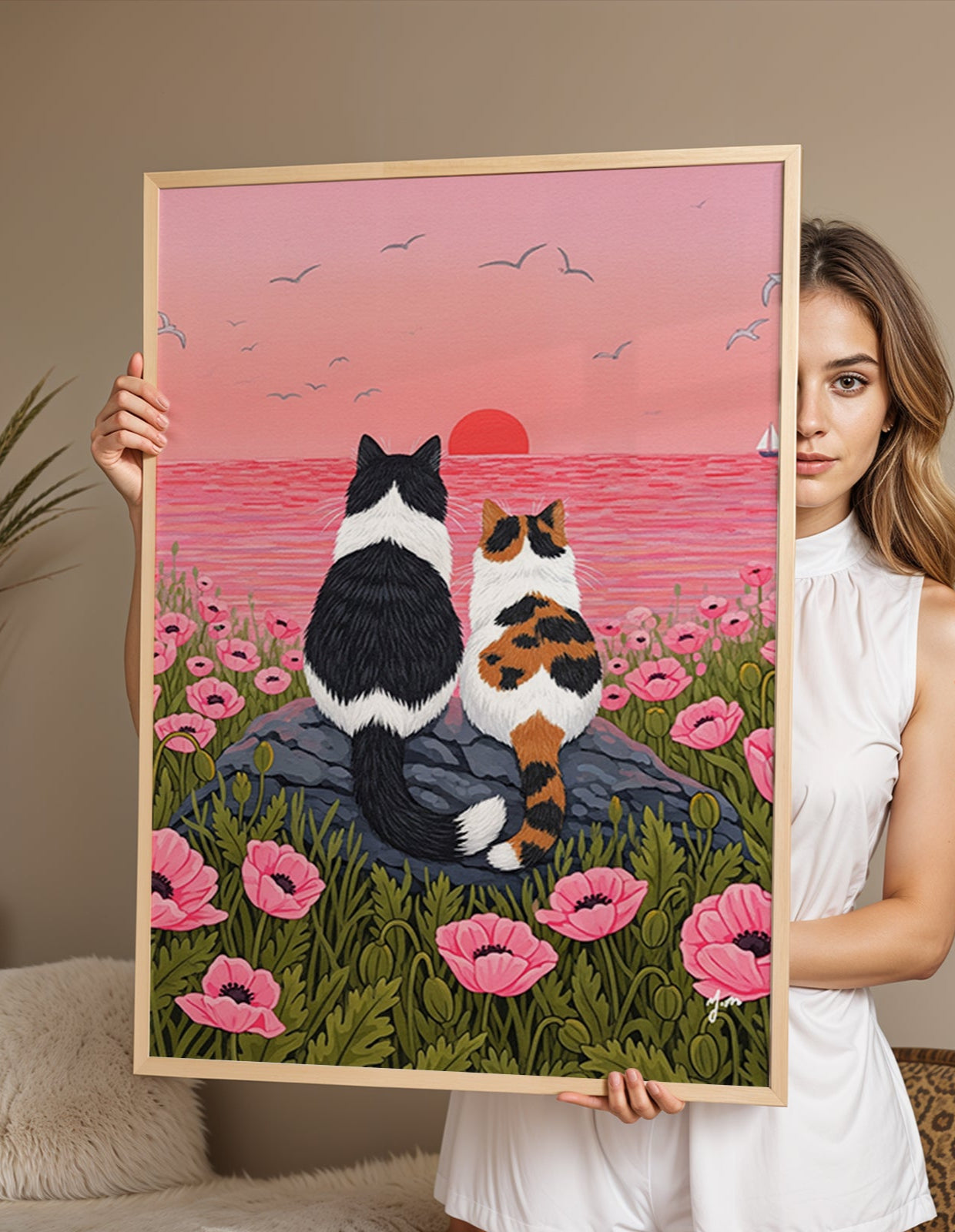 two cats sitting on a rock surrounded by pink poppies, gazing at the dreamy sunset over a pink ocean, this piece captures the beauty of companionship and nature. Perfect for cat lovers and nature enthusiasts, this artwork makes a heartwarming gift or a unique decor item for any room. Printed with vibrant colors and fine detail, it’s available in multiple sizes to suit your style.