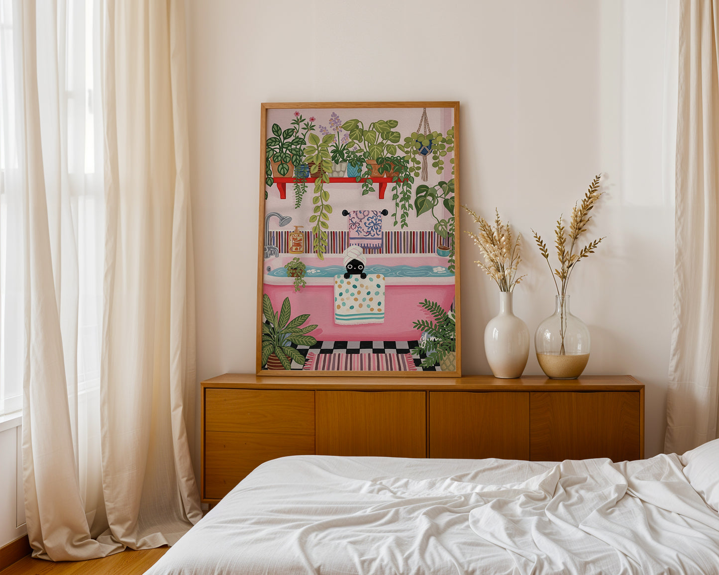 Whimsical Bathroom Illustration with Black Cat in Pink Bathtub and Plants Poster