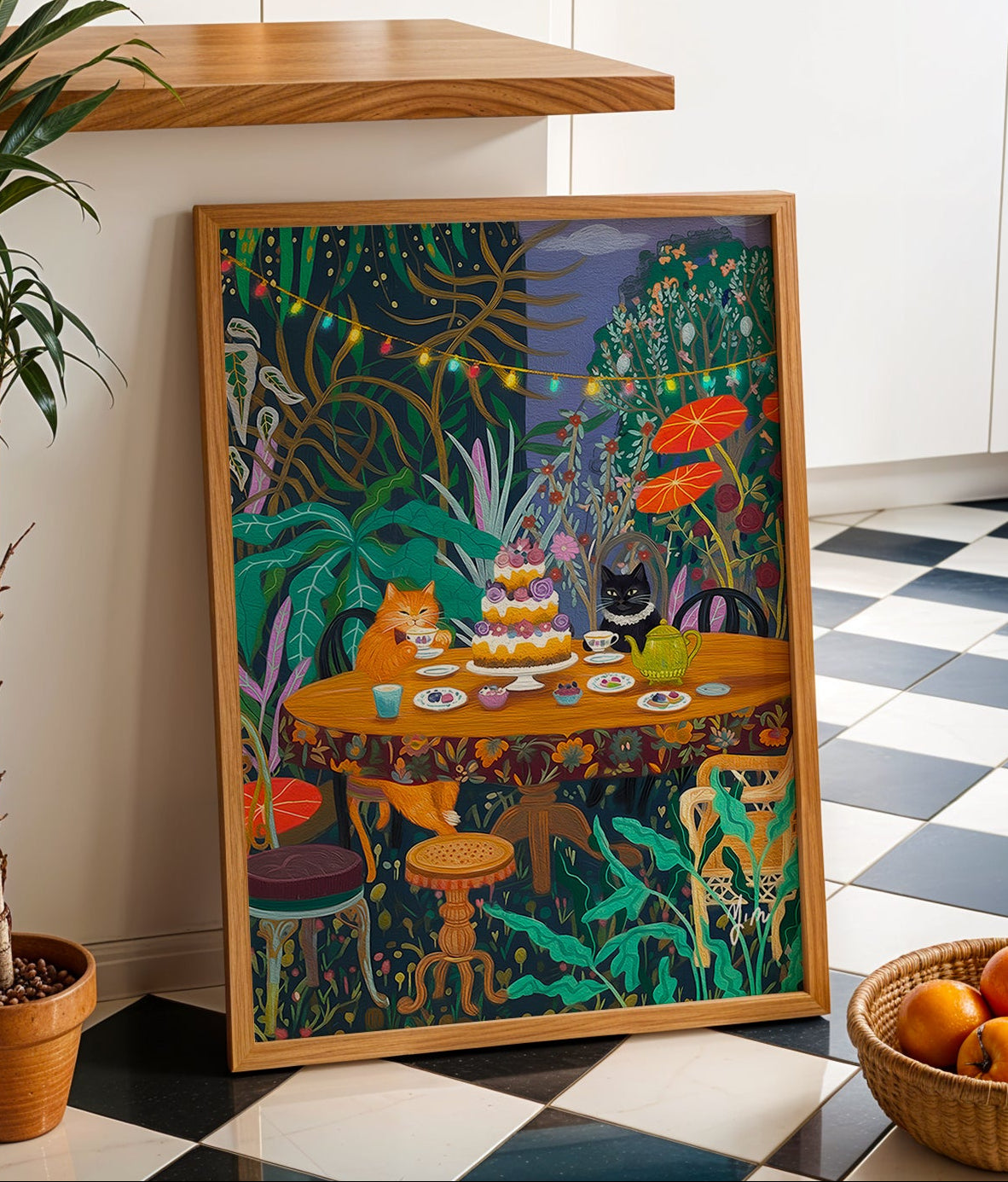 Whimsical cat tea party art magical moonlit garden illustration cottag –  YunaMoona, image size:1182x1386