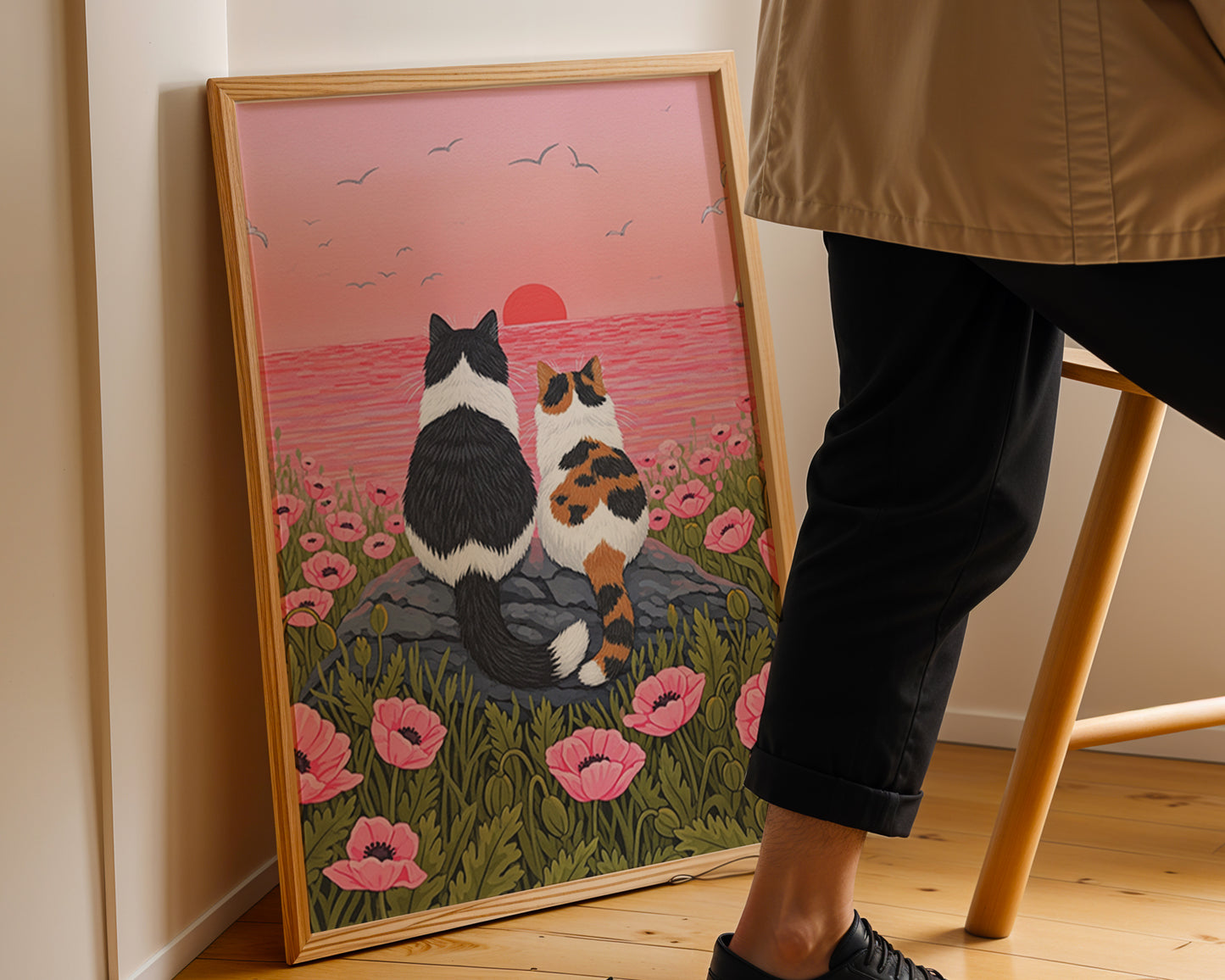 Cats Watching Sunset in Pink Flower Field by YunaMoona Cat Art Wall Decor Poster