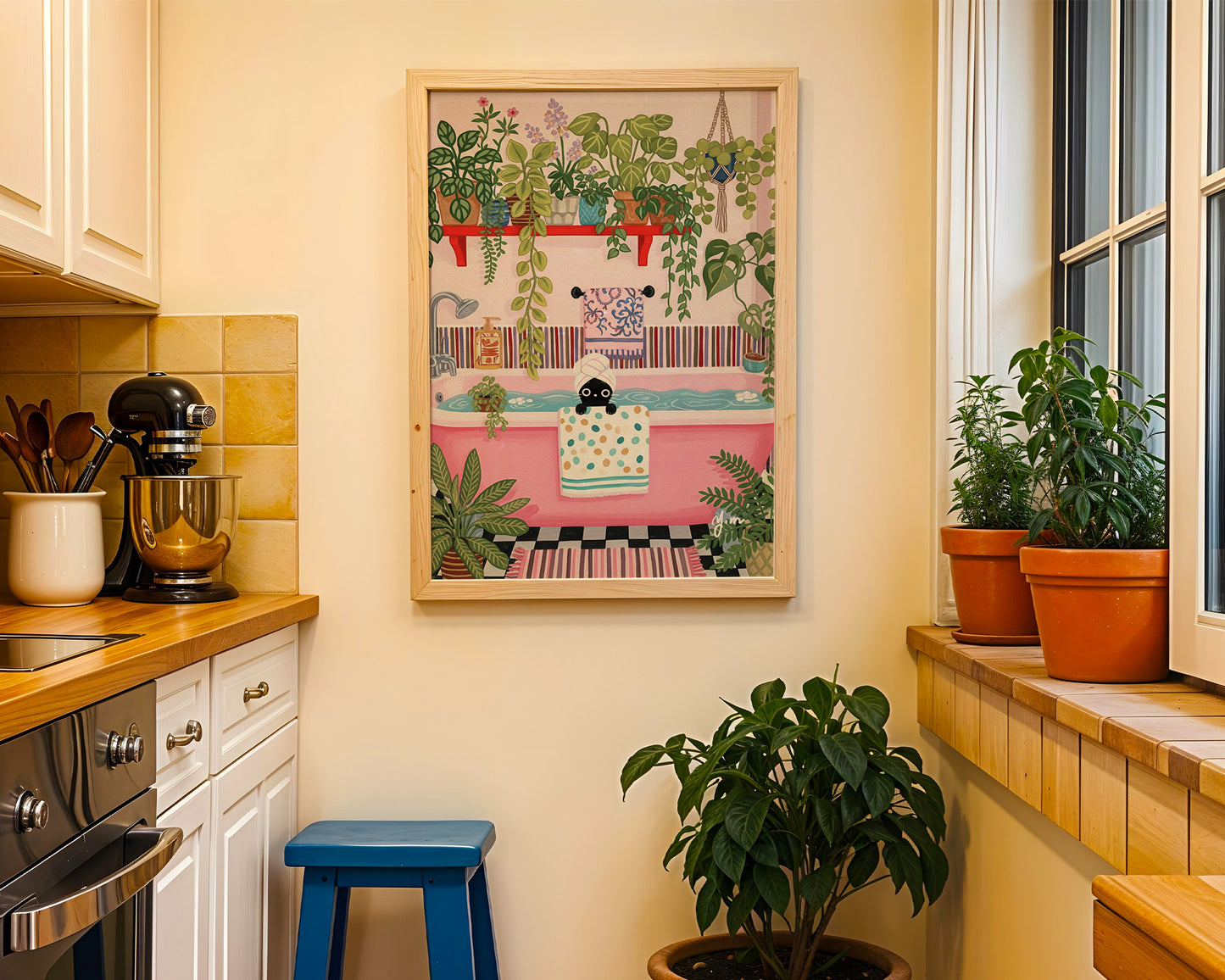 Whimsical Bathroom Illustration with Black Cat in Pink Bathtub and Plants Poster