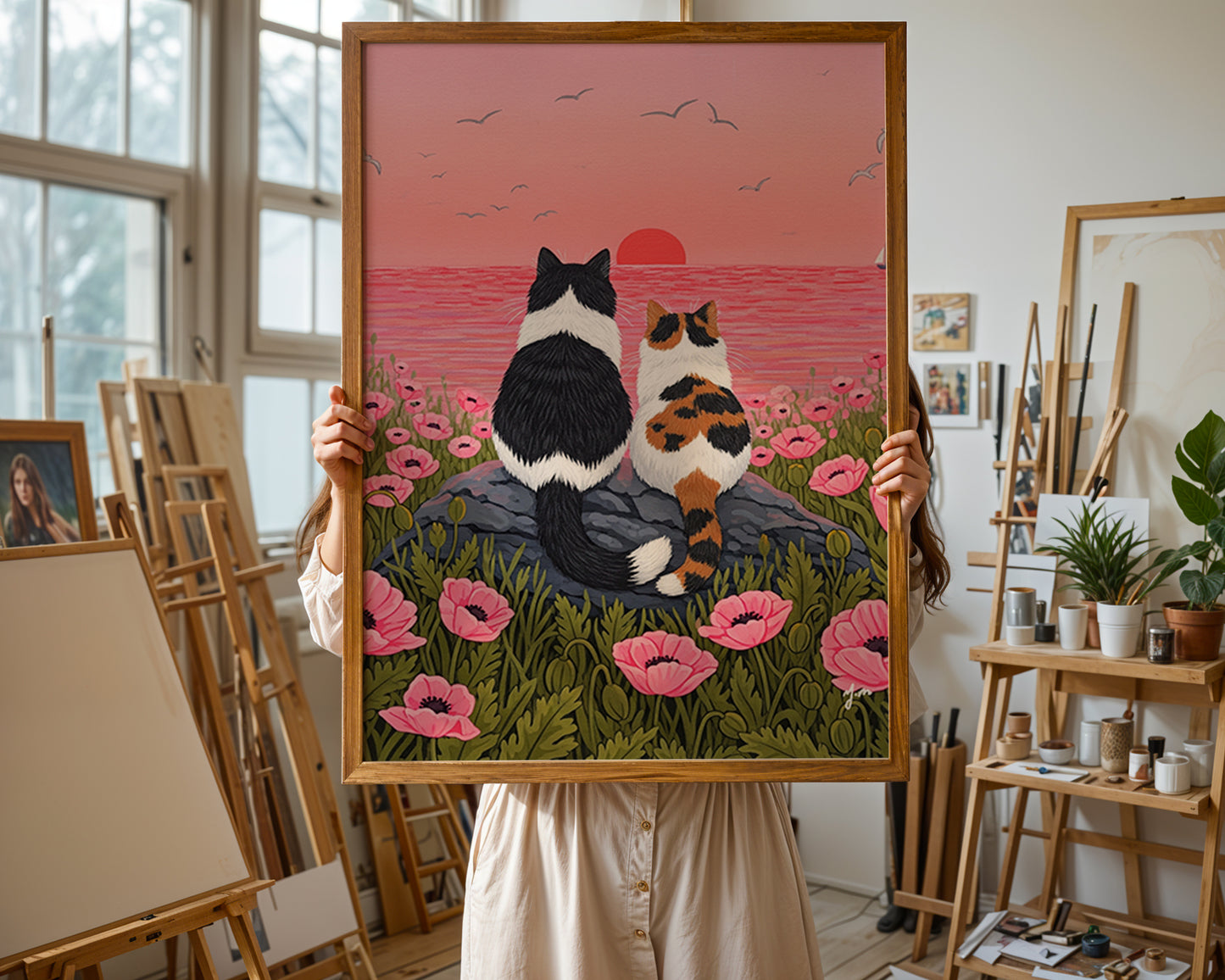 Cats Watching Sunset in Pink Flower Field by YunaMoona Cat Art Wall Decor Poster