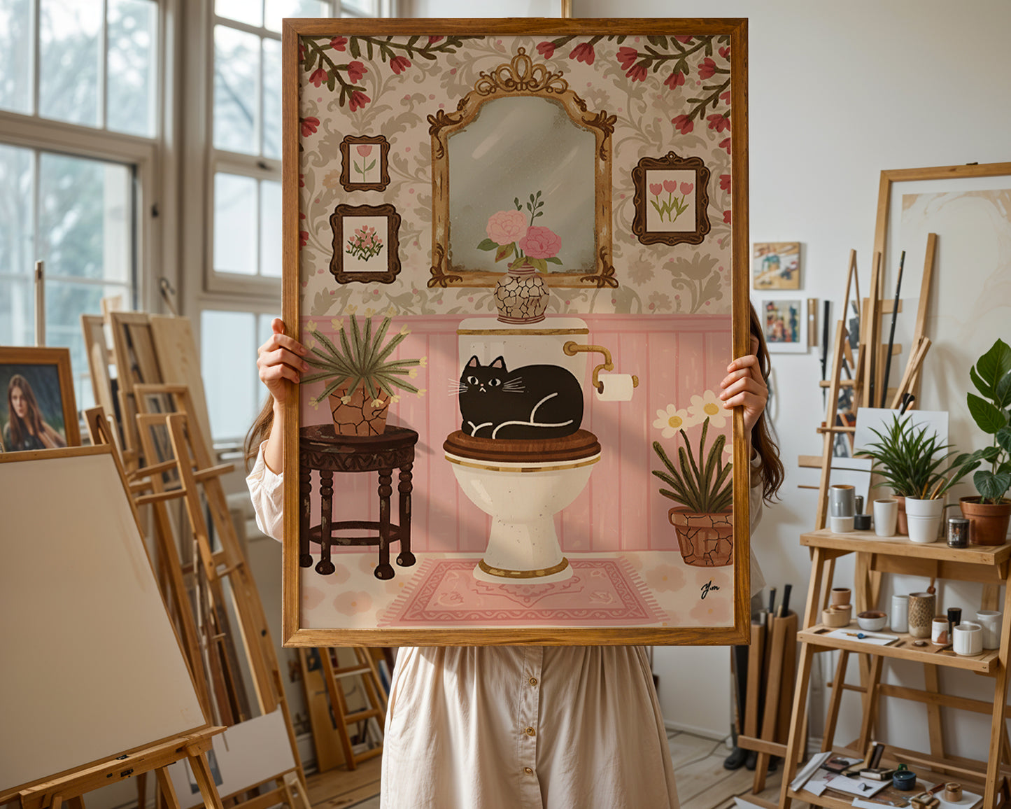 Black Cat Bathroom Wall Art Vintage Floral Interior Illustration by YunaMoona