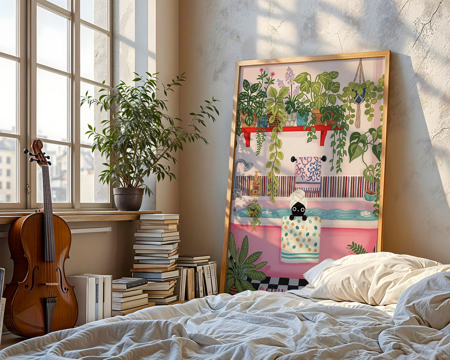 Whimsical Bathroom Illustration with Black Cat in Pink Bathtub and Plants Poster