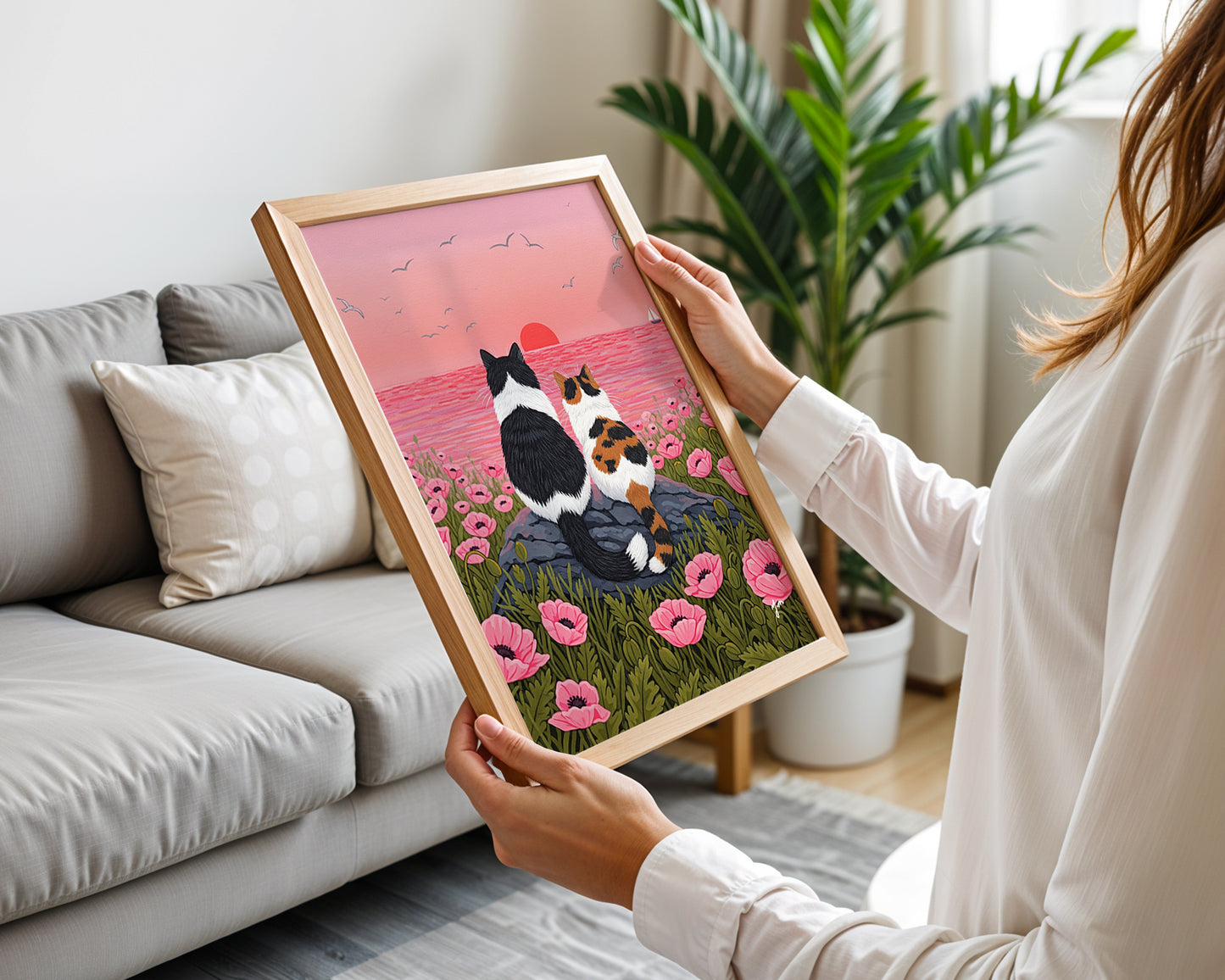 Cats Watching Sunset in Pink Flower Field by YunaMoona Cat Art Wall Decor Poster