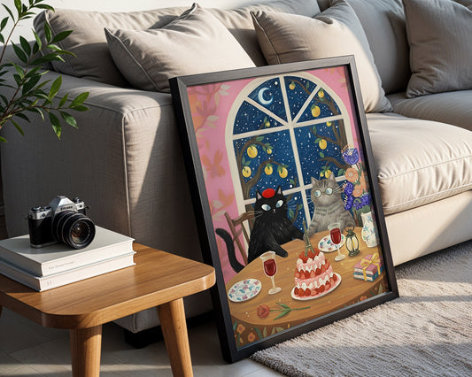 Romantic strawberry cake cat dinner under starry night whimsical cottagecore illustration by YunaMoona