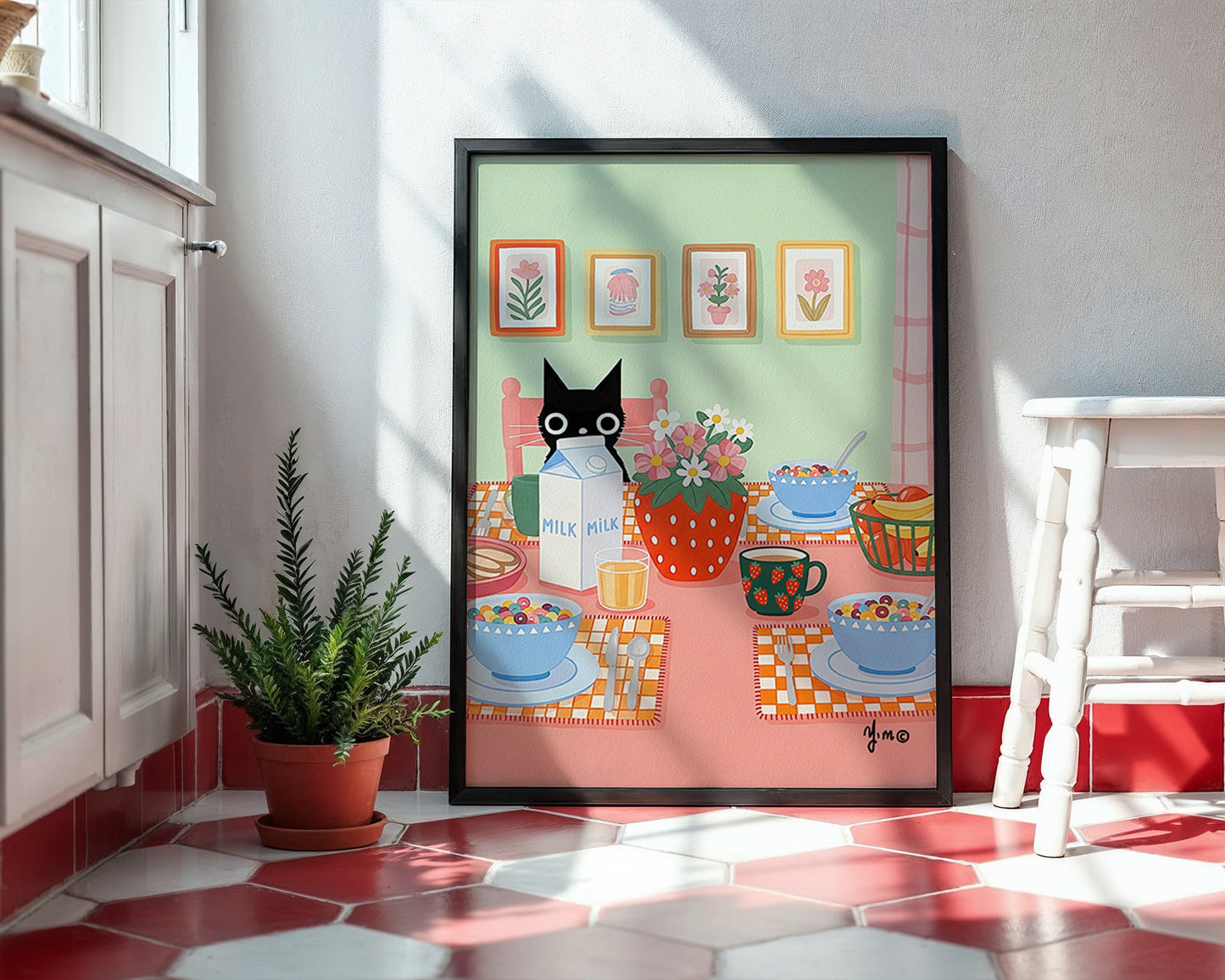 Black Cat at Colorful Breakfast Table Whimsical Kitchen Art by YunaMoona