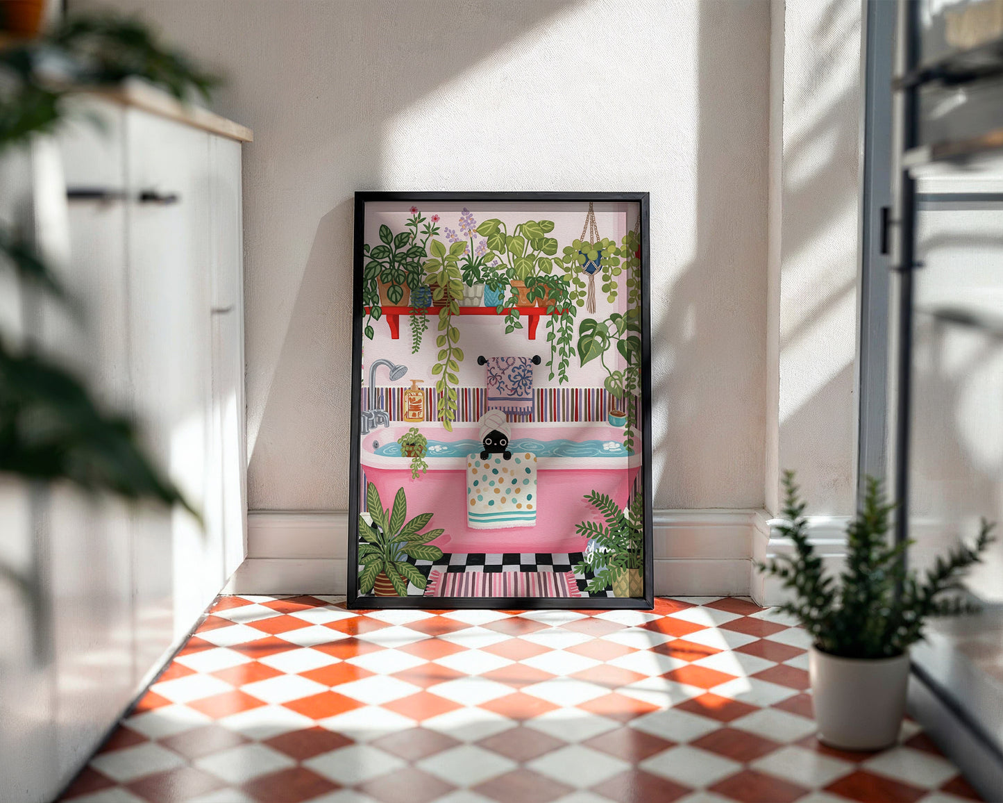 Whimsical Bathroom Illustration with Black Cat in Pink Bathtub and Plants Poster