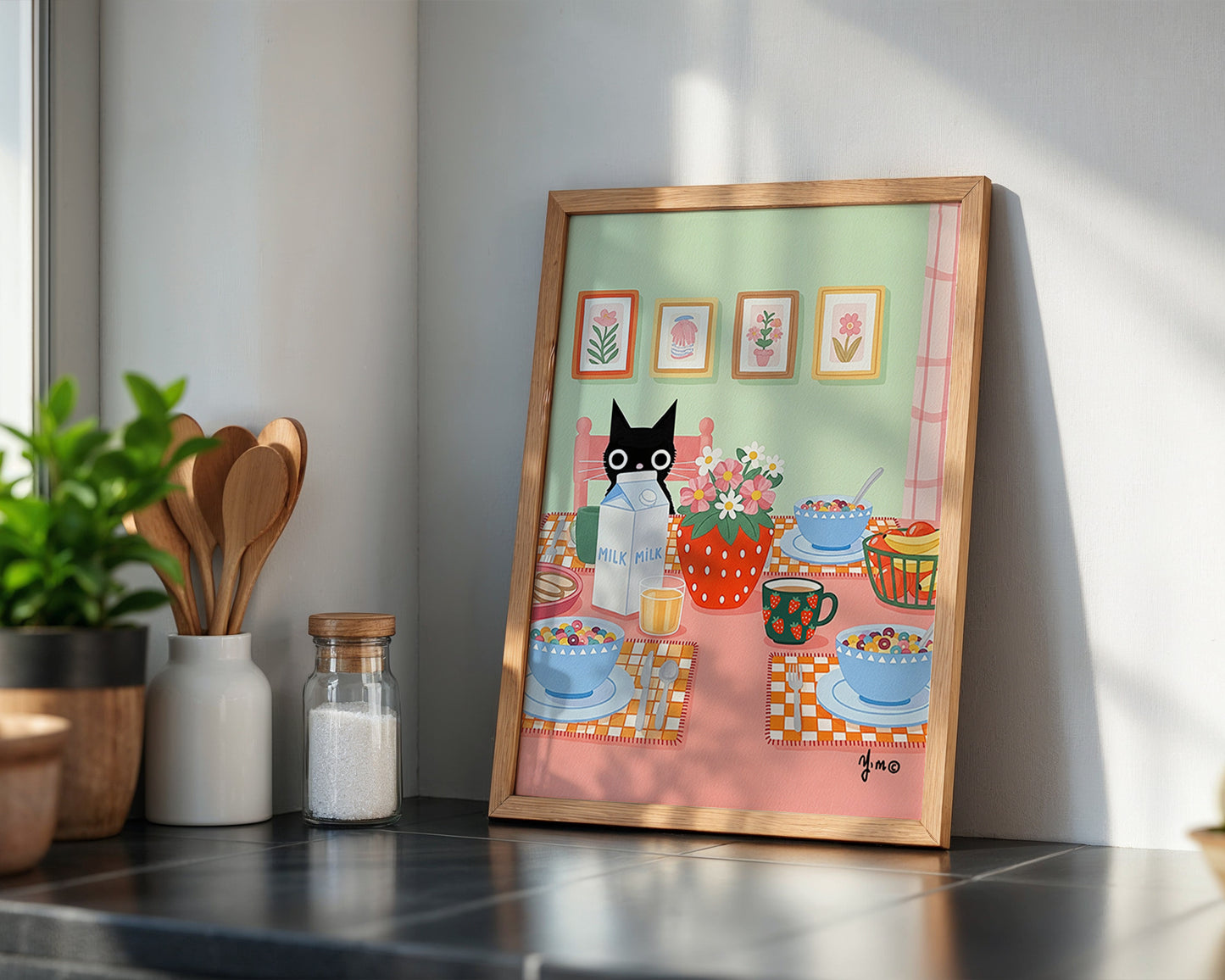 Black Cat at Colorful Breakfast Table Whimsical Kitchen Art by YunaMoona