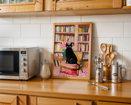 Black Tuxedo Cat in Cozy Library Art Print Whimsical Cute Cat Illustration Home Decor