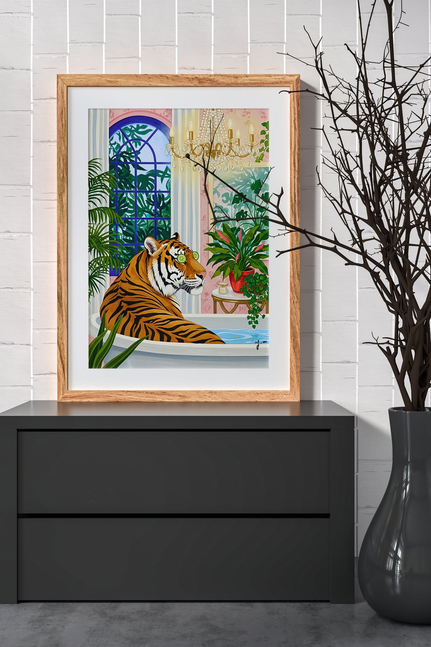 Cute Tiger Bathing Art Print Funny Animal Bathroom Decor Gouache Style Impasto Illustration Unique Wild Animal Portrait Humorous Wall Art Poster