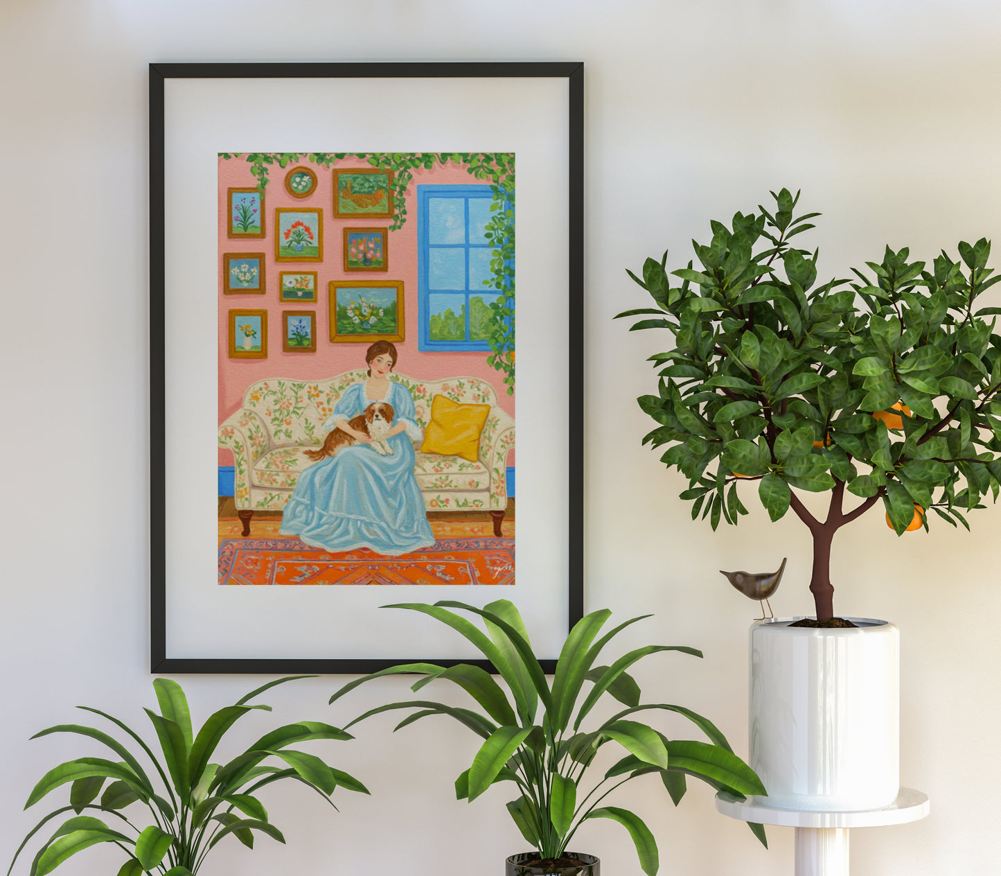Woman in Blue Lounge Dress Holding Dog on Floral Sofa – Peaceful Colorful Art in Pink Room Interior Poster