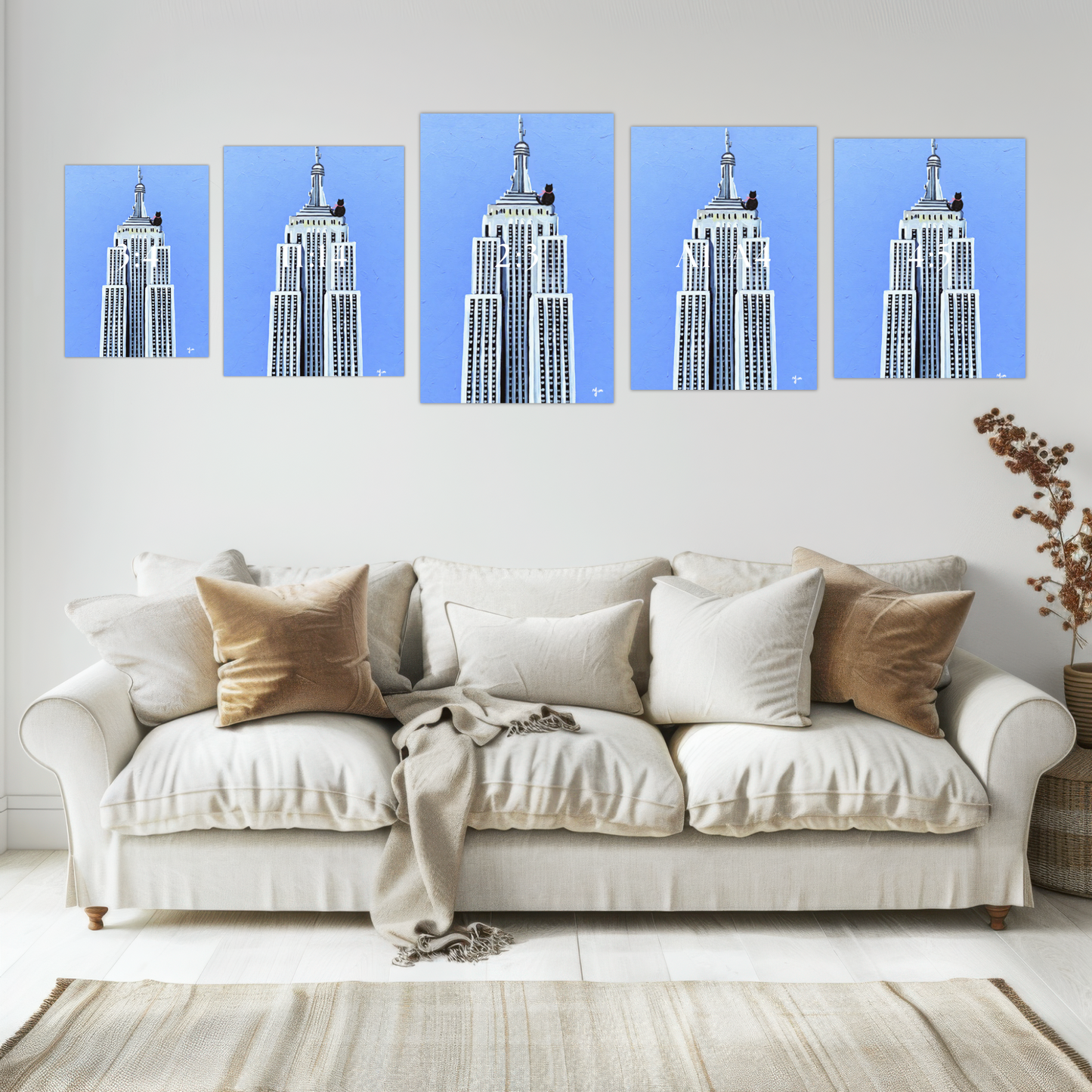 Cat on a Rooftop in New York City Blue Sky and White Building Wall Art Print Poster