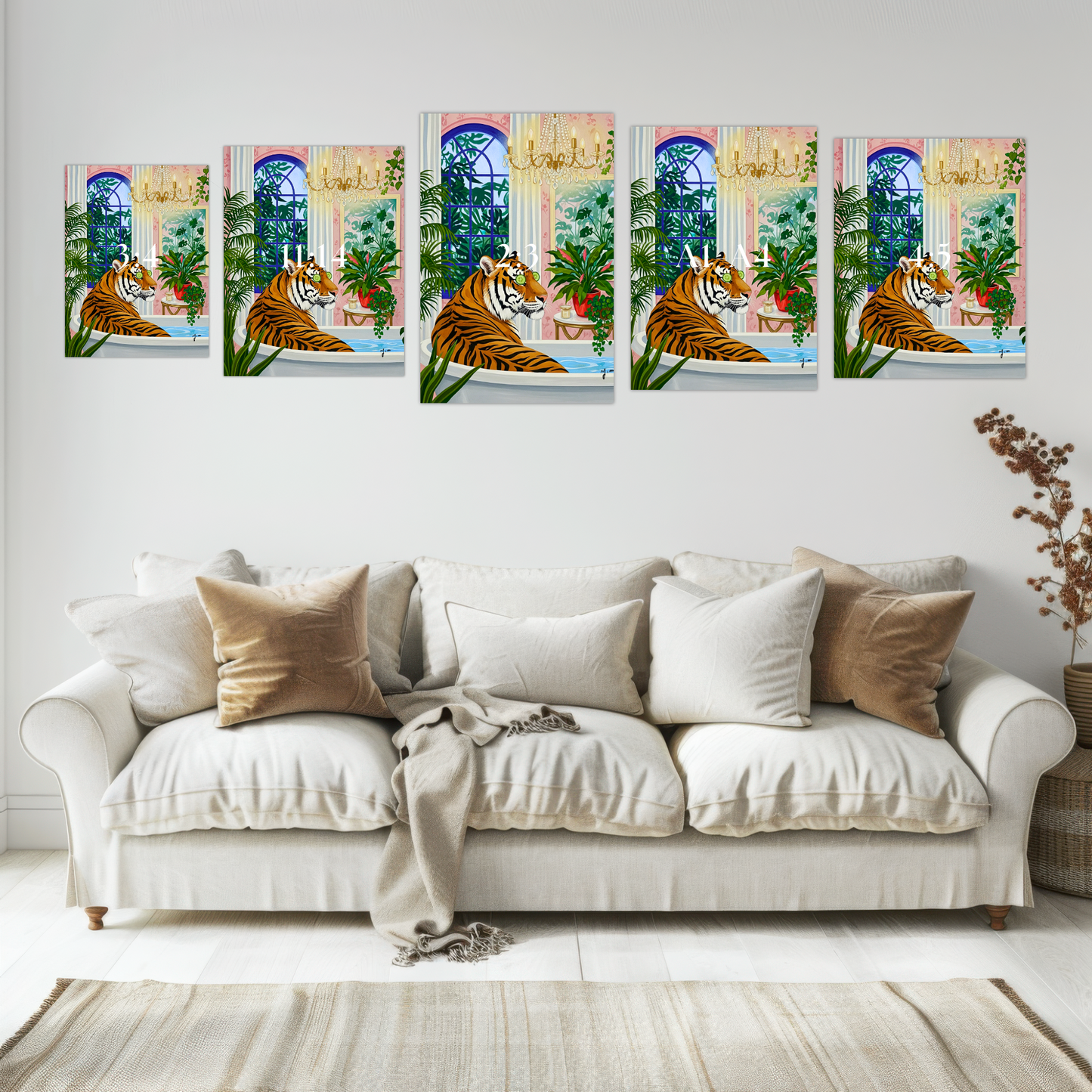 Cute Tiger Bathing Art Print Funny Animal Bathroom Decor Gouache Style Impasto Illustration Unique Wild Animal Portrait Humorous Wall Art Poster