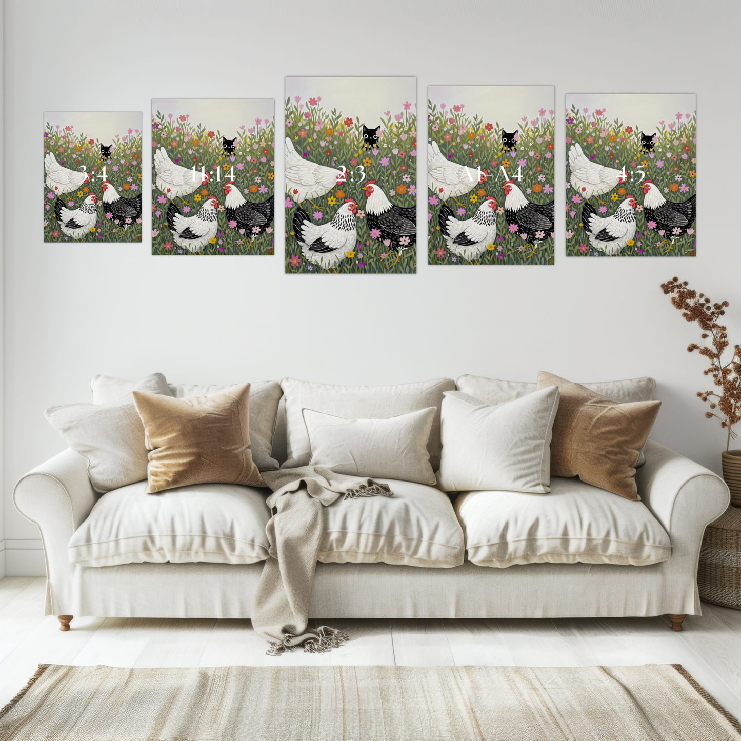 Cute Black Cat Hiding in Flower Field with Chickens – Whimsical Farm Animal Art by YunaMoona