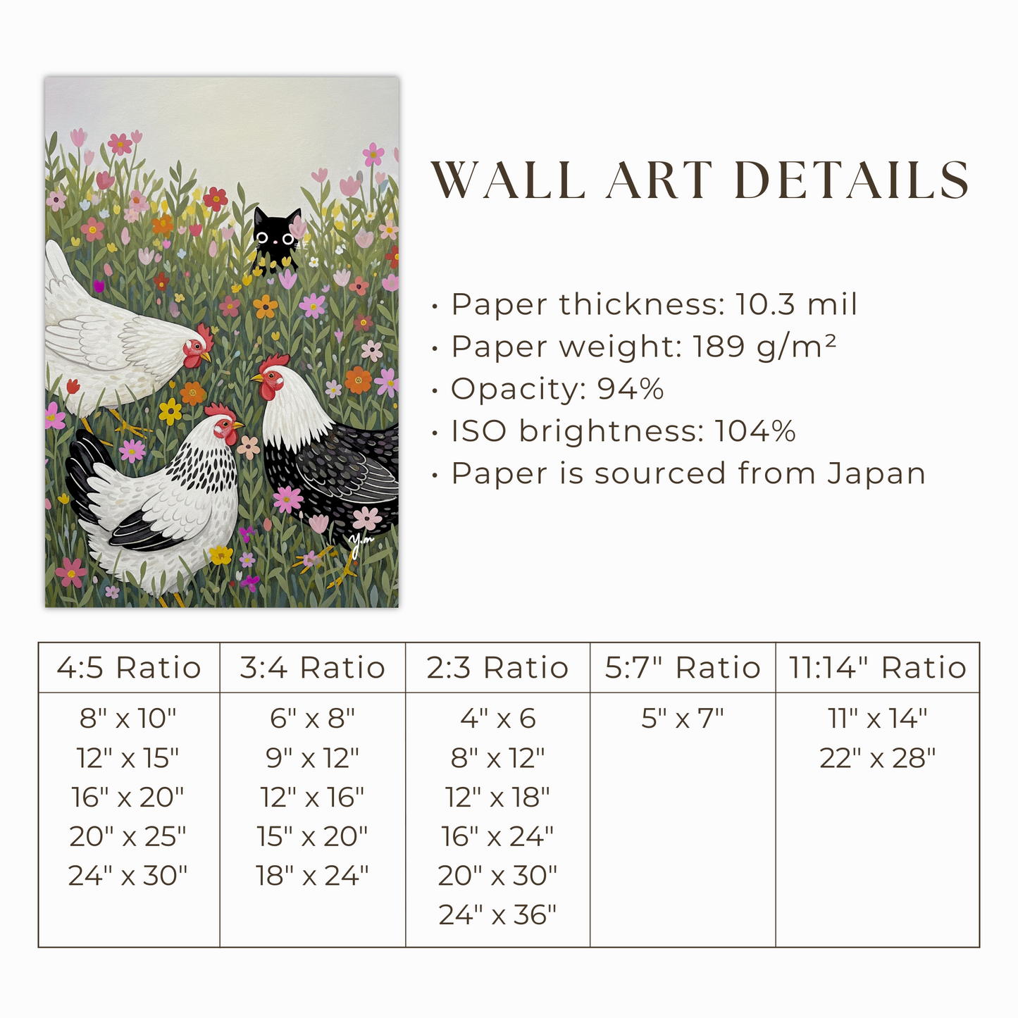 Cute Black Cat Hiding in Flower Field with Chickens – Whimsical Farm Animal Art by YunaMoona