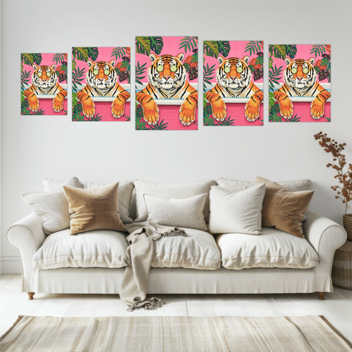 Tropical Tiger Bathtub Print – Maximalist Dopamine Decor for Jungle Bathroom | Fun Animal Wall Art Funny Jungle Animal Print