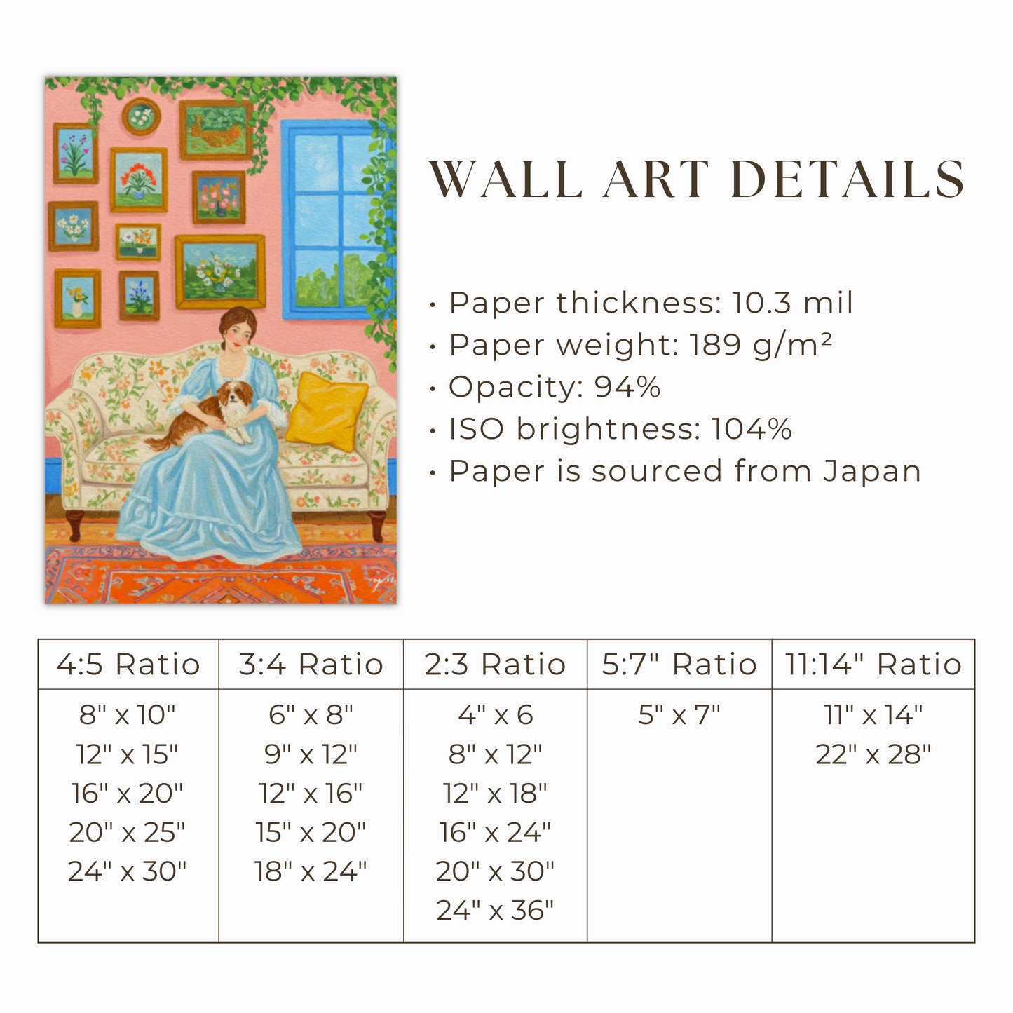 Woman in Blue Lounge Dress Holding Dog on Floral Sofa – Peaceful Colorful Art in Pink Room Interior Poster