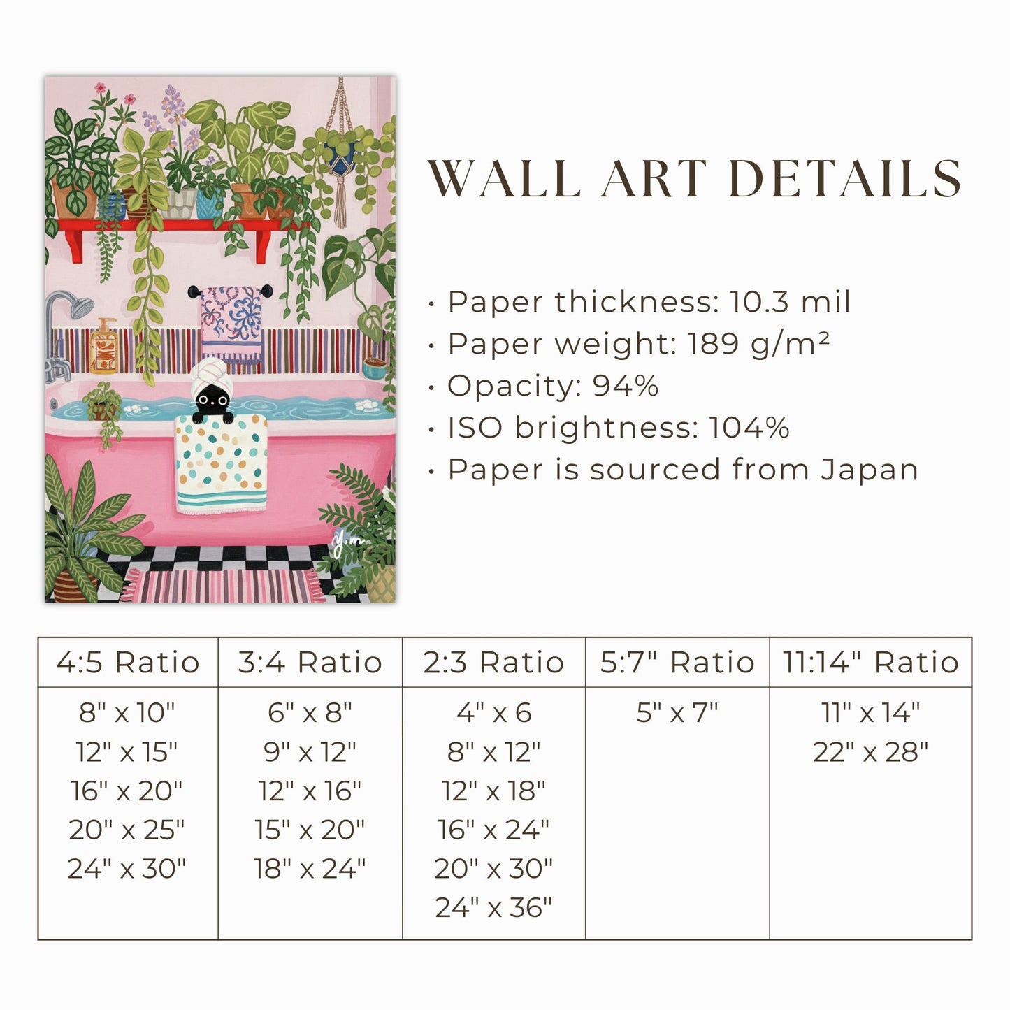 Whimsical Bathroom Illustration with Black Cat in Pink Bathtub and Plants Poster