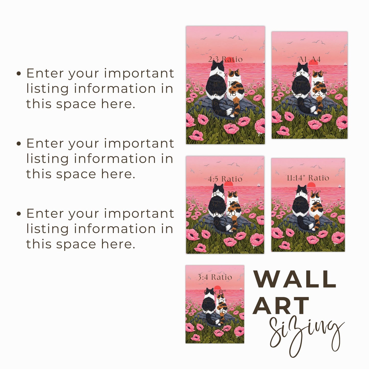 Cats Watching Sunset in Pink Flower Field by YunaMoona Cat Art Wall Decor Poster