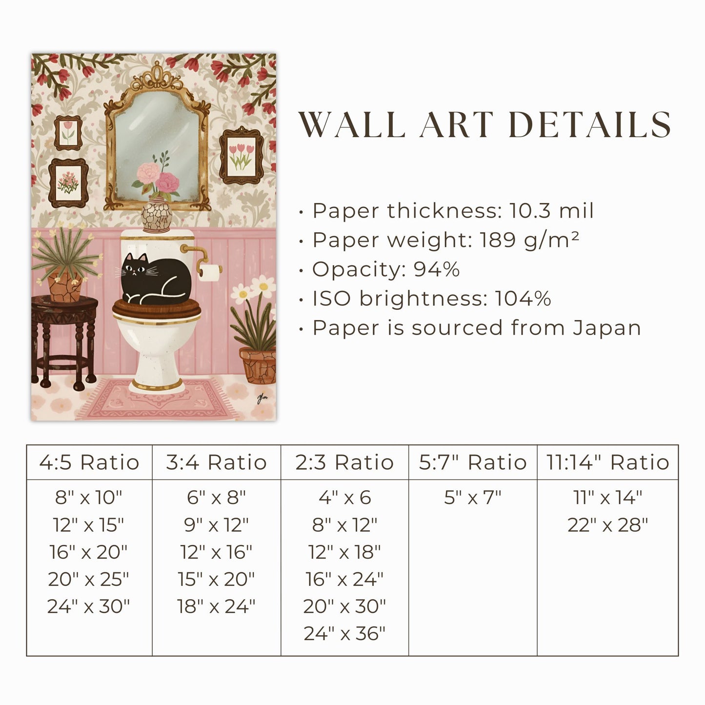 Black Cat Bathroom Wall Art Vintage Floral Interior Illustration by YunaMoona