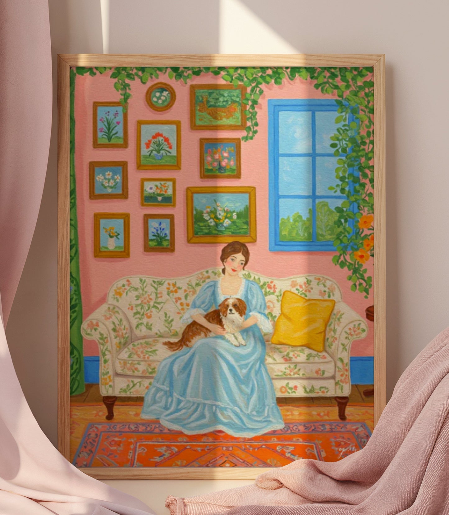 A woman in a pastel blue lounge dress holding a dog on a floral sofa in a pink room, peaceful colorful scene