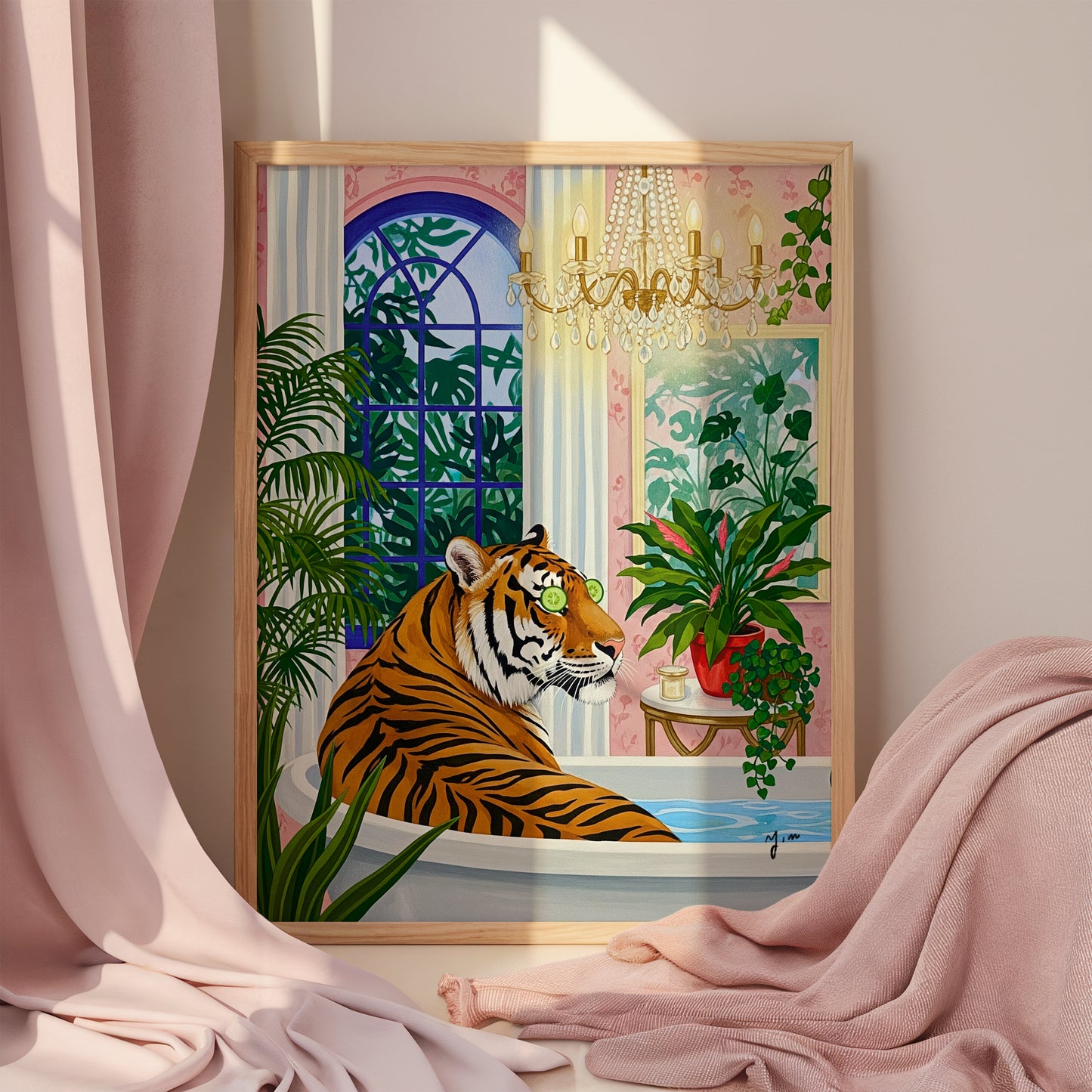 Cute Tiger Bathing Art Print Funny Animal Bathroom Decor Gouache Style Impasto Illustration Unique Wild Animal Portrait Humorous Wall Art Poster