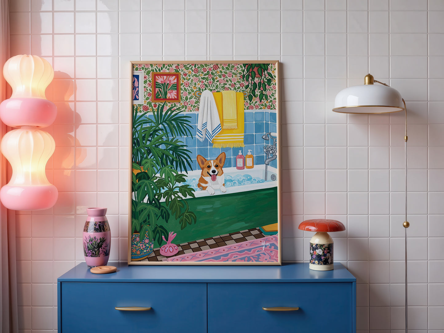 Dog Bath Time Art Print Cozy Vintage Bathroom Wall Decor with Goldendoodle in Tub Cute Pet Illustration for Dog Lovers